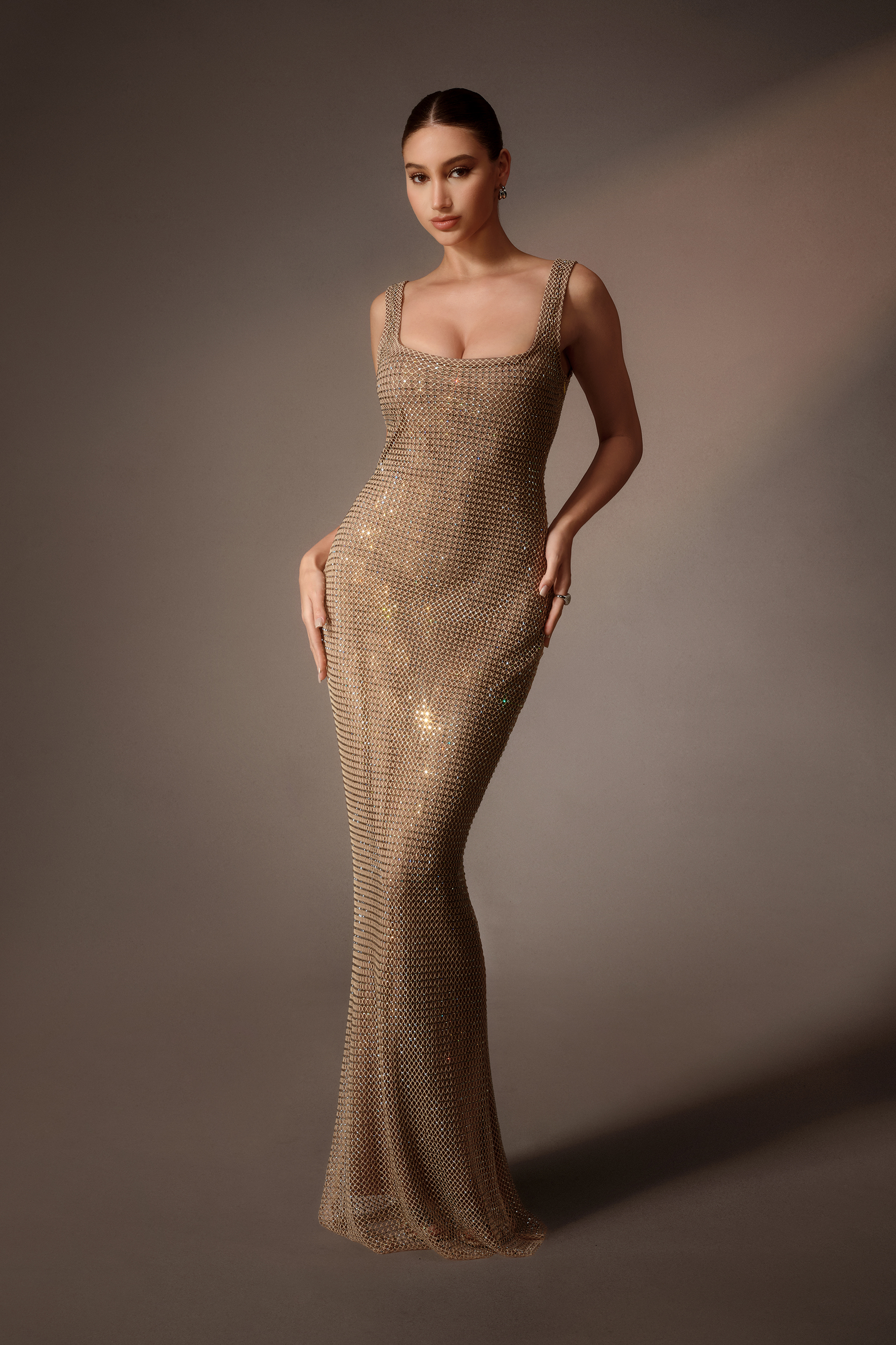 The Perfect Look Gold Square Neck Rhinestone Bodycon Maxi Dress