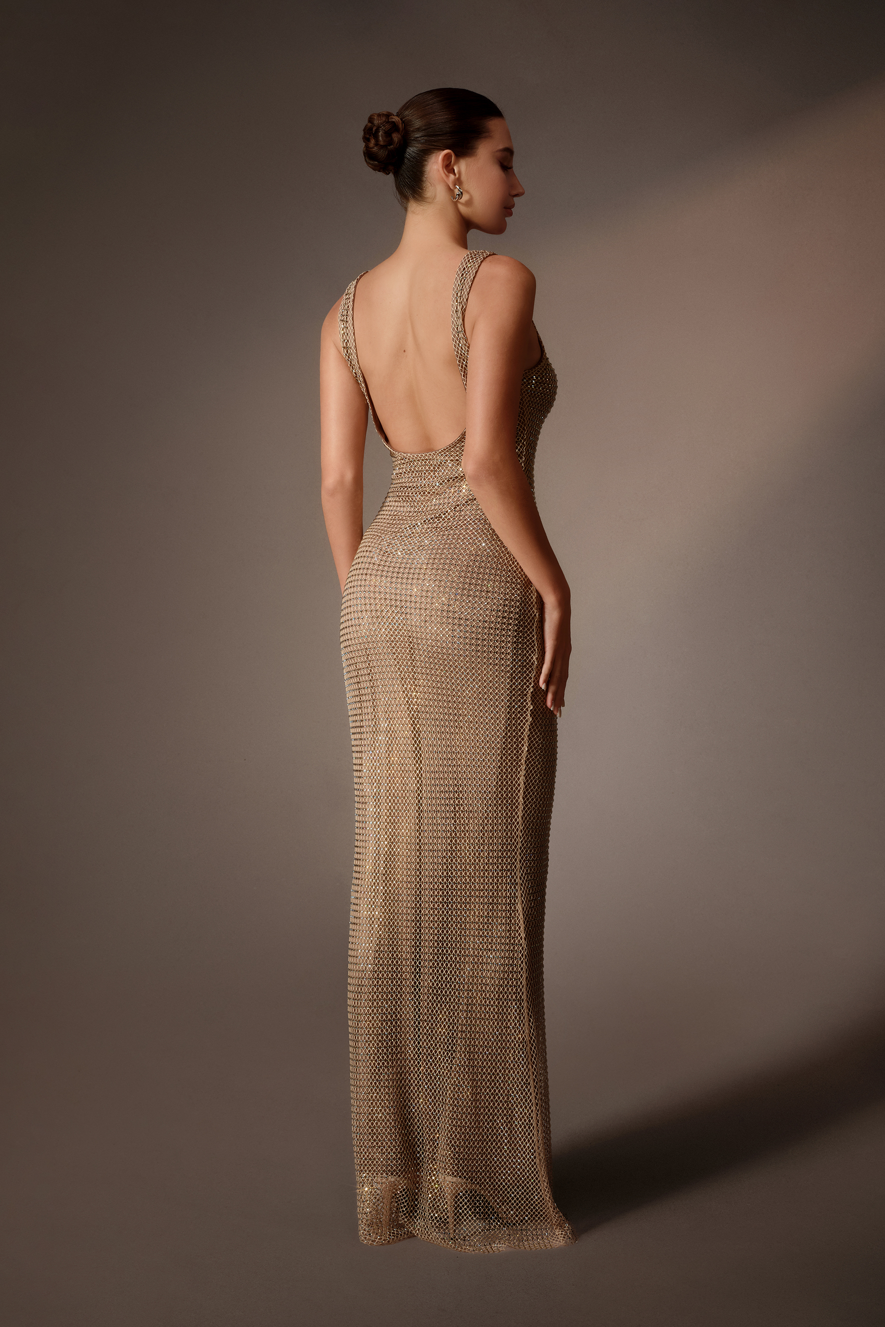 The Perfect Look Gold Square Neck Rhinestone Bodycon Maxi Dress