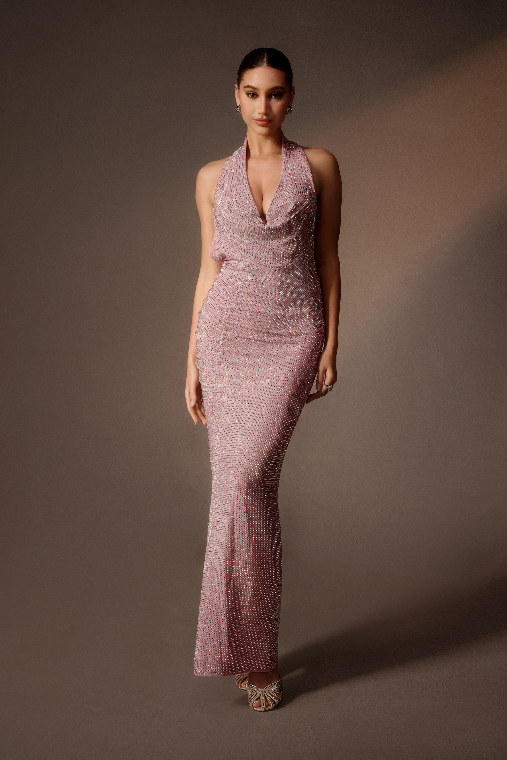 After Party Pink Rhinestone Cowl Neck Side Slit Maxi Dress