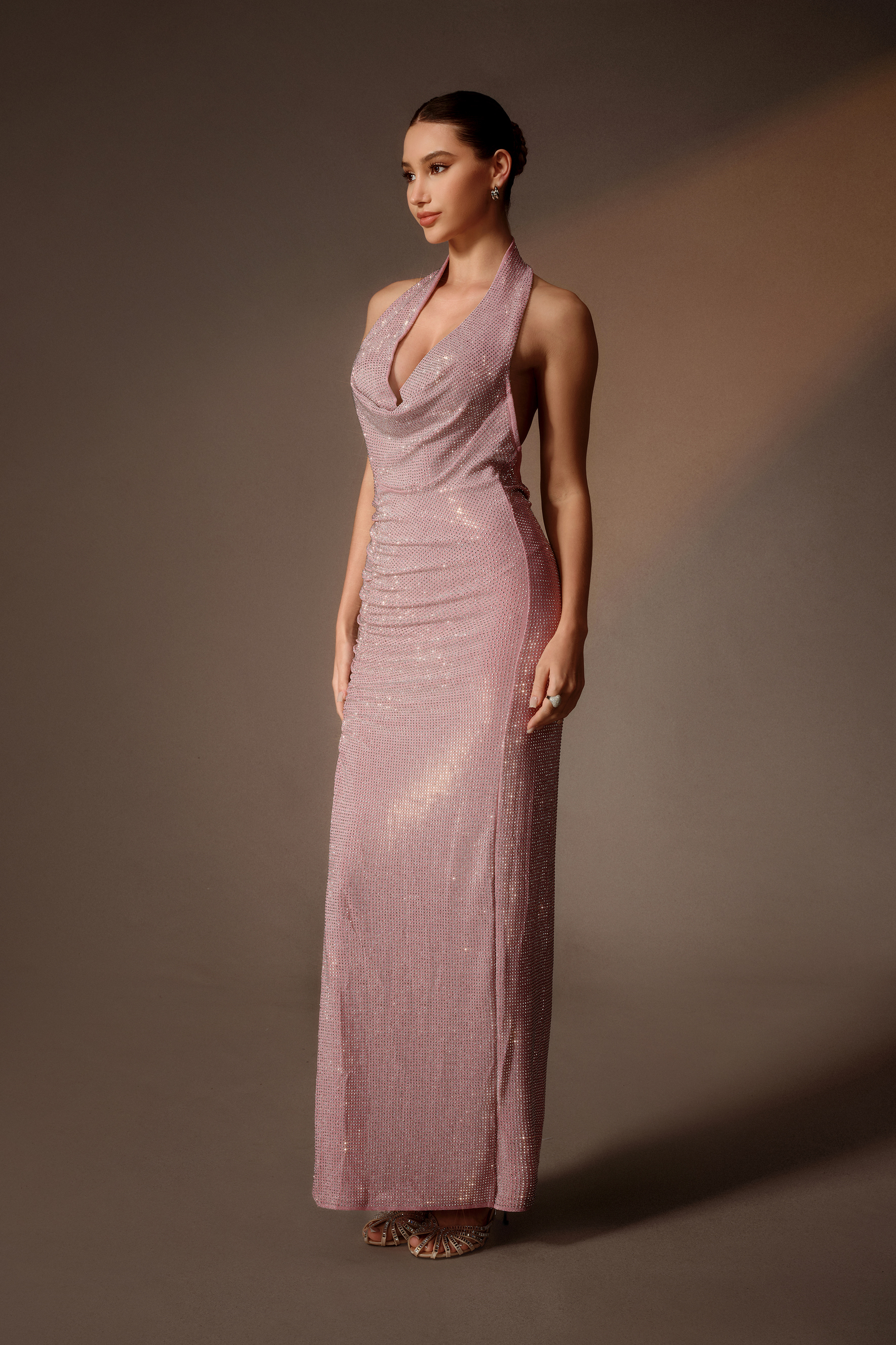 After Party Pink Rhinestone Cowl Neck Side Slit Maxi Dress