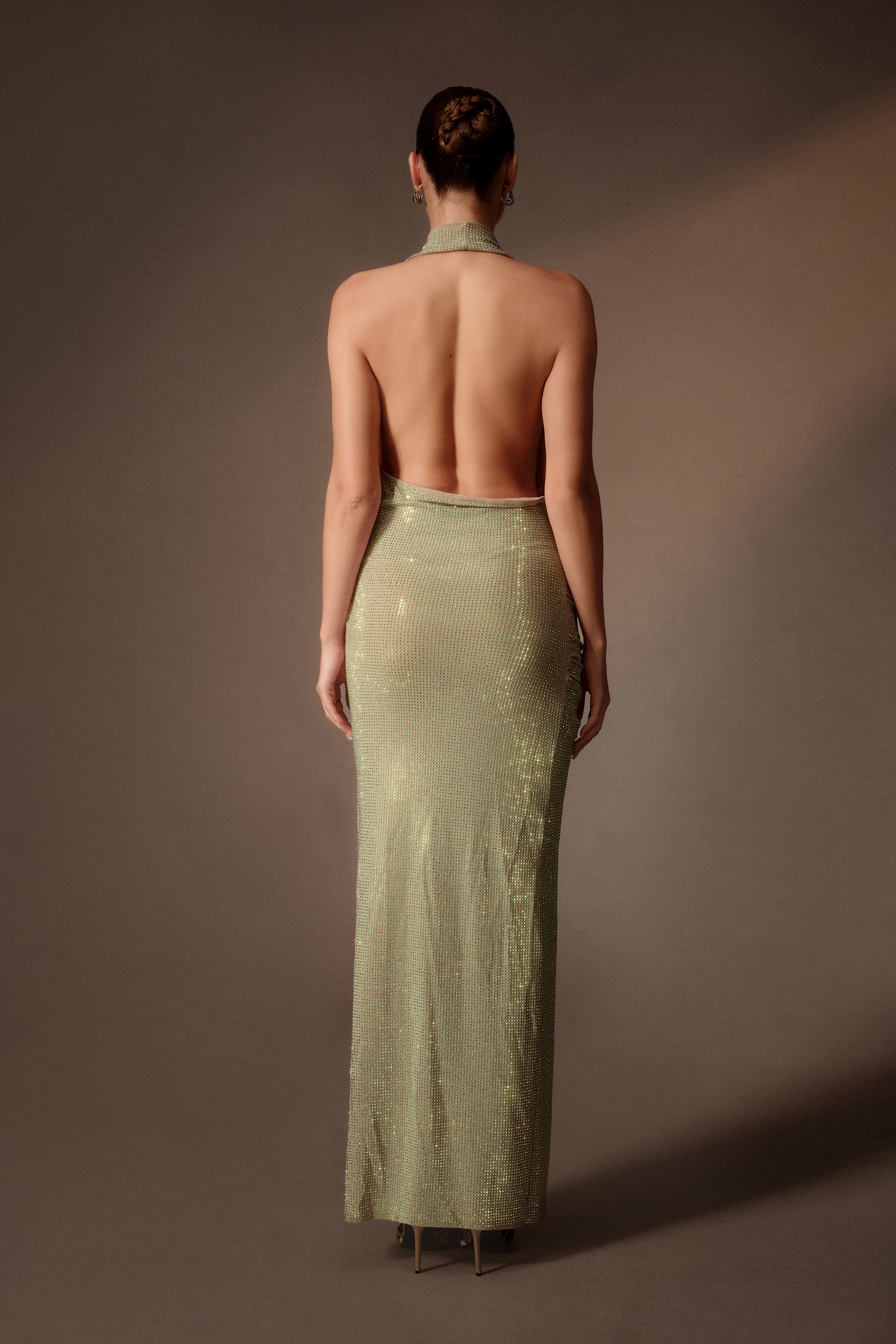 After Party Green Rhinestone Cowl Neck Side Slit Maxi Dress