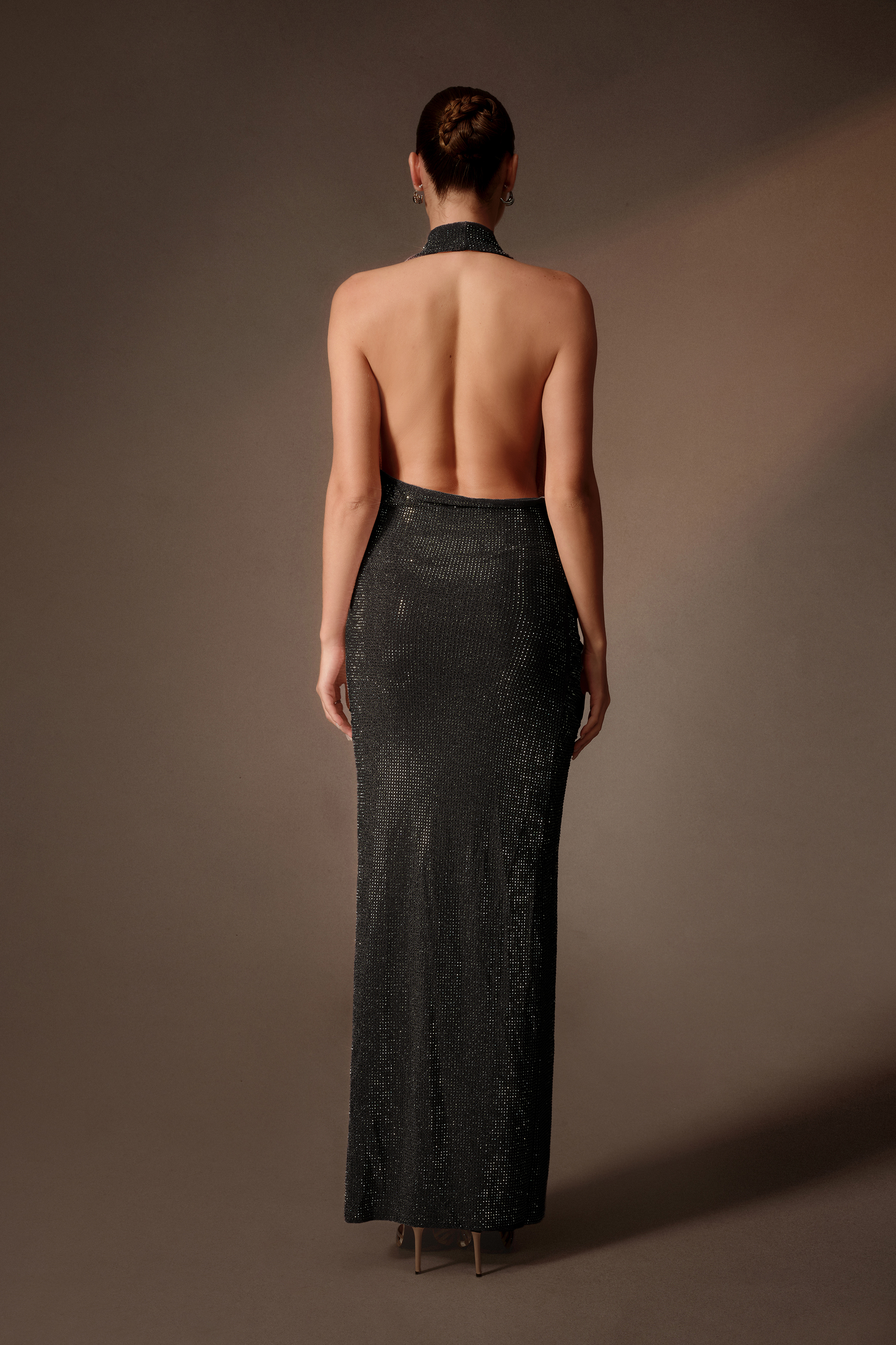 After Party Black Rhinestone Cowl Neck Side Slit Maxi Dress