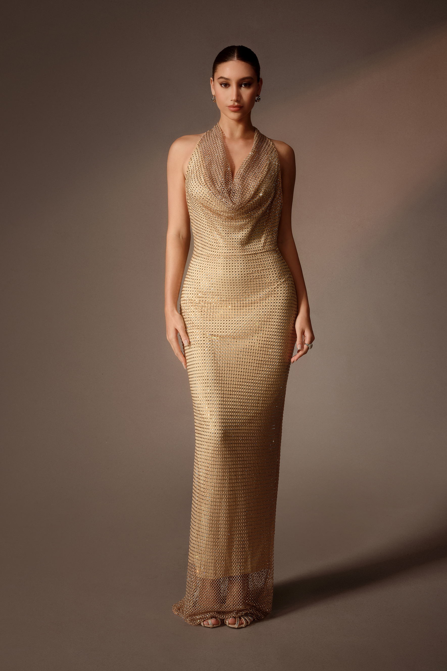Secret Rendezvous Gold Rhinestone Mesh Cowl Neck Maxi Dress