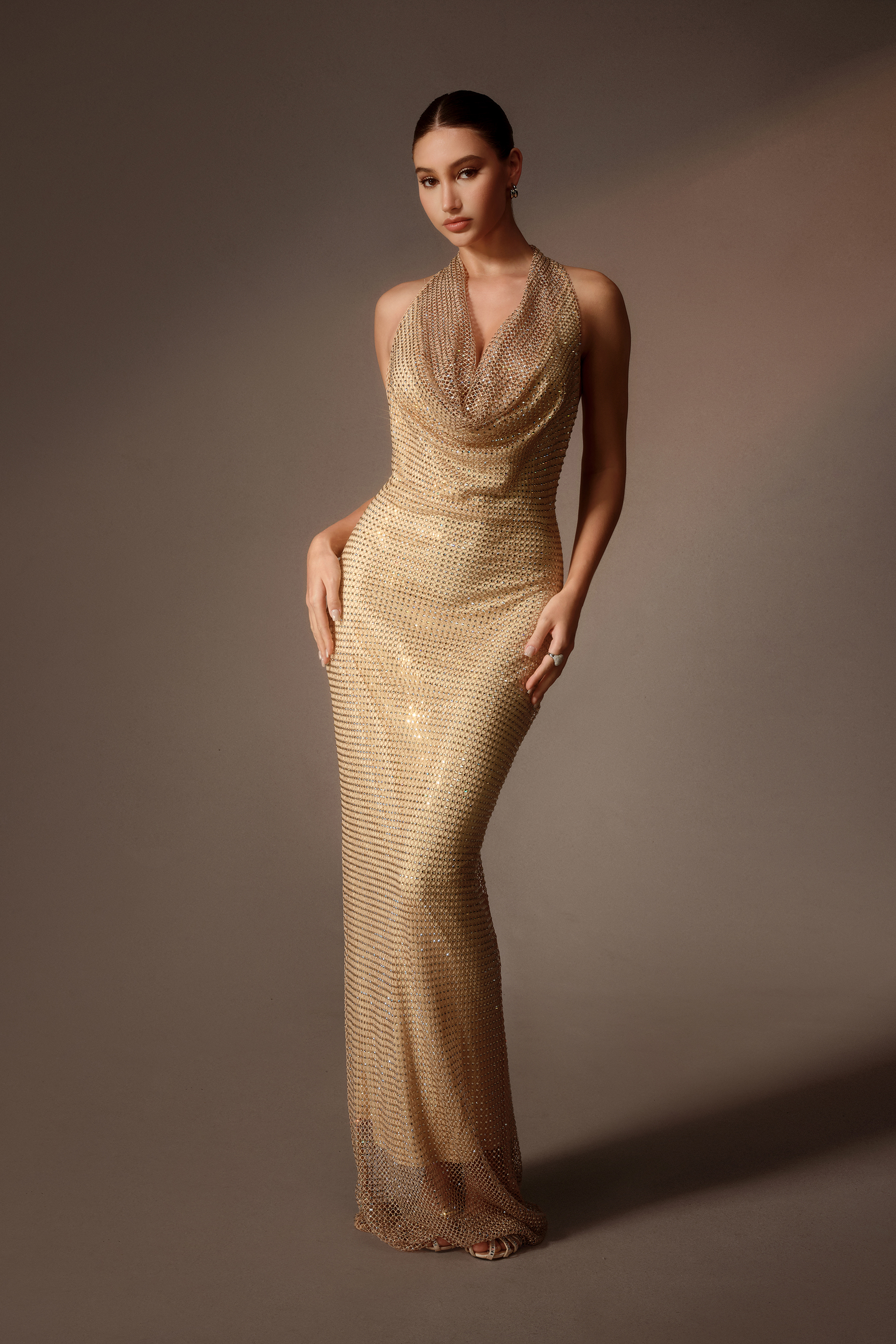 Secret Rendezvous Gold Rhinestone Mesh Cowl Neck Maxi Dress