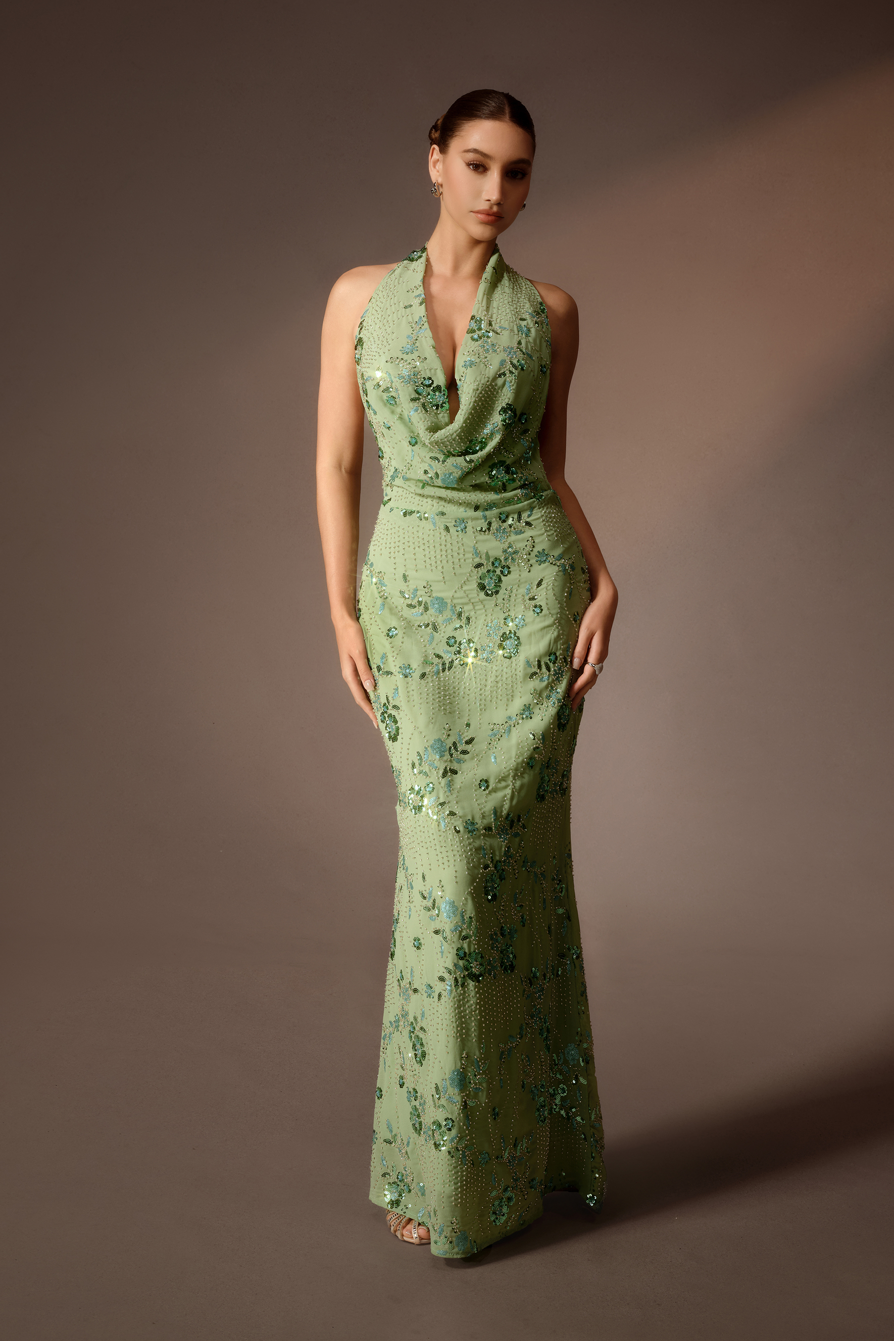 All In Time Green Sequin Embroidery Cowl Neck Maxi Dress