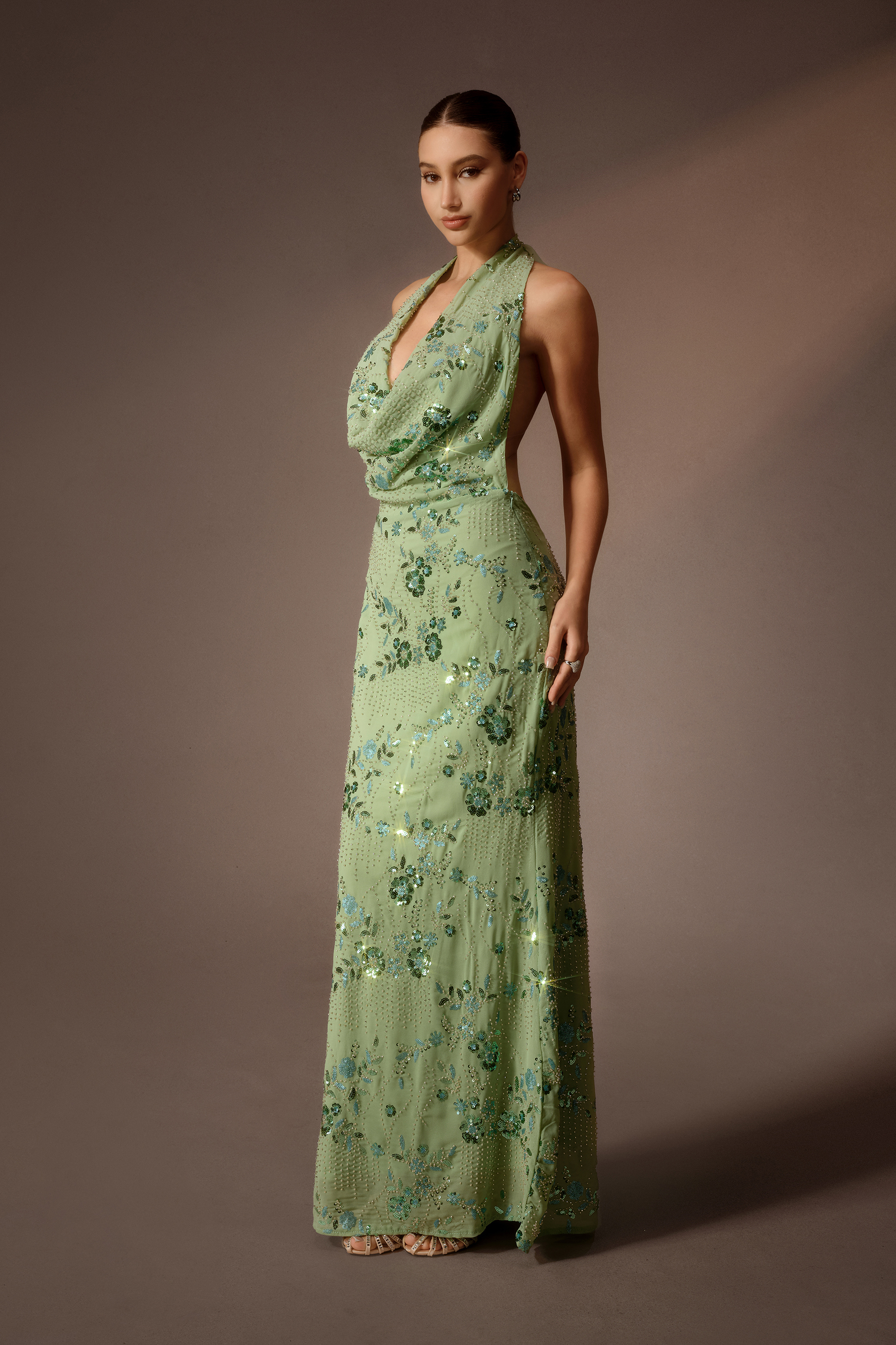All In Time Green Sequin Embroidery Cowl Neck Maxi Dress