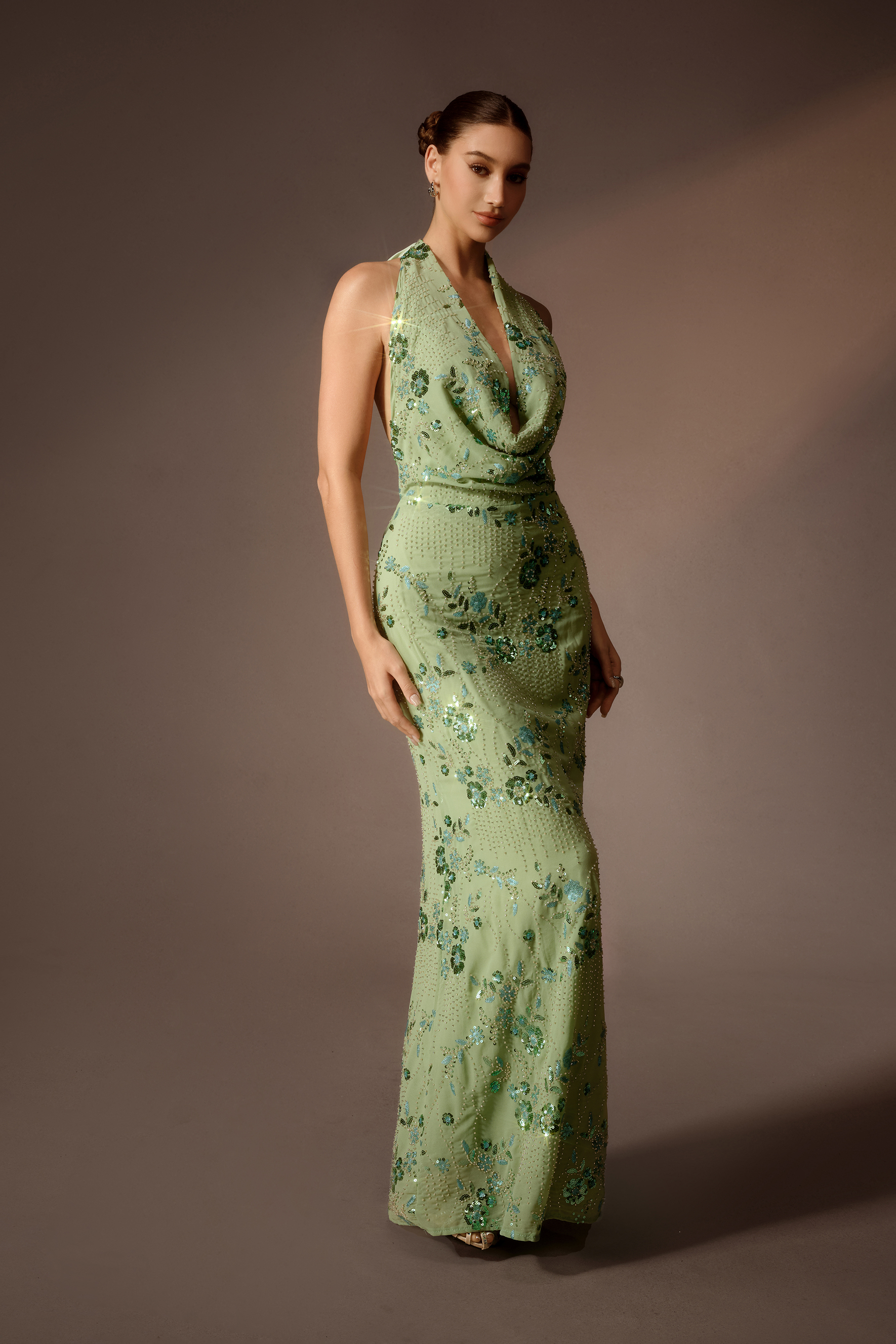 All In Time Green Sequin Embroidery Cowl Neck Maxi Dress