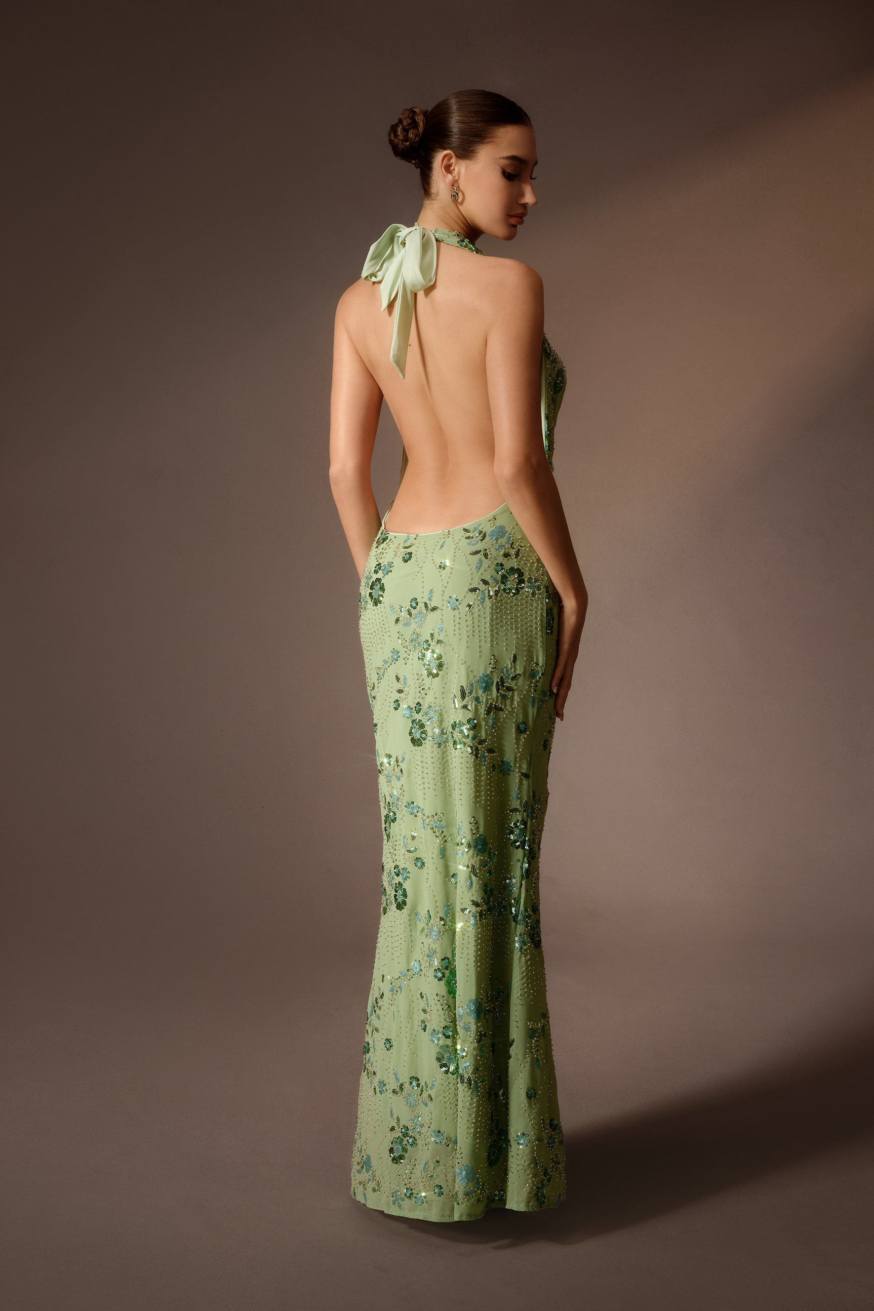 All In Time Green Sequin Embroidery Cowl Neck Maxi Dress