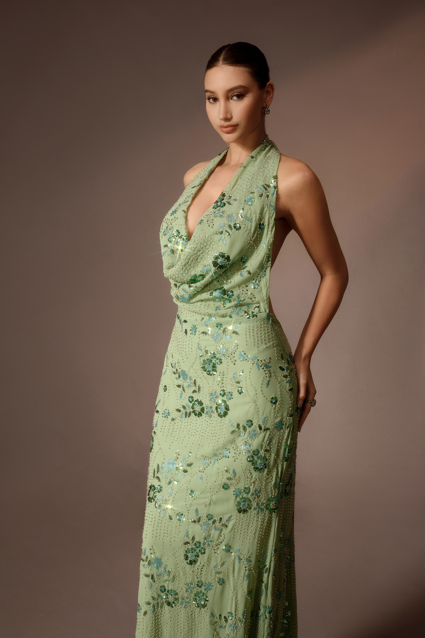 All In Time Green Sequin Embroidery Cowl Neck Maxi Dress