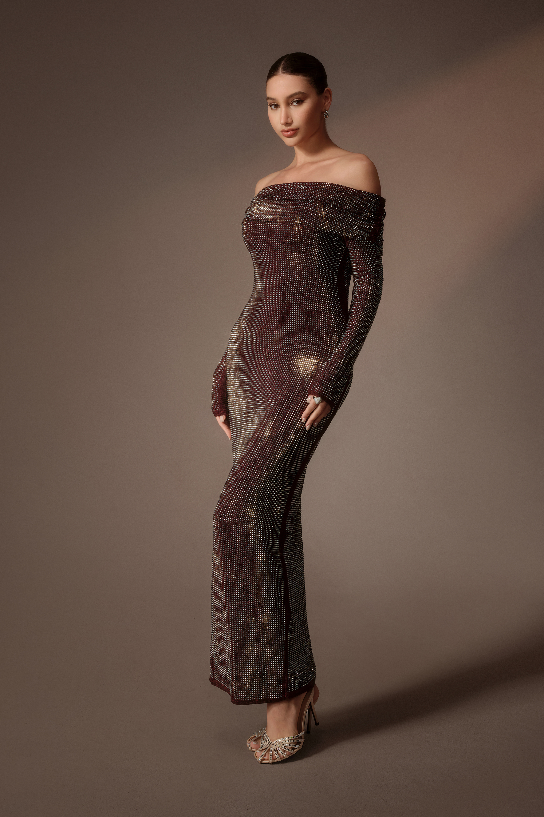 Never Forget Burgundy Rhinestone Bodycon Off Shoulder Maxi Dress