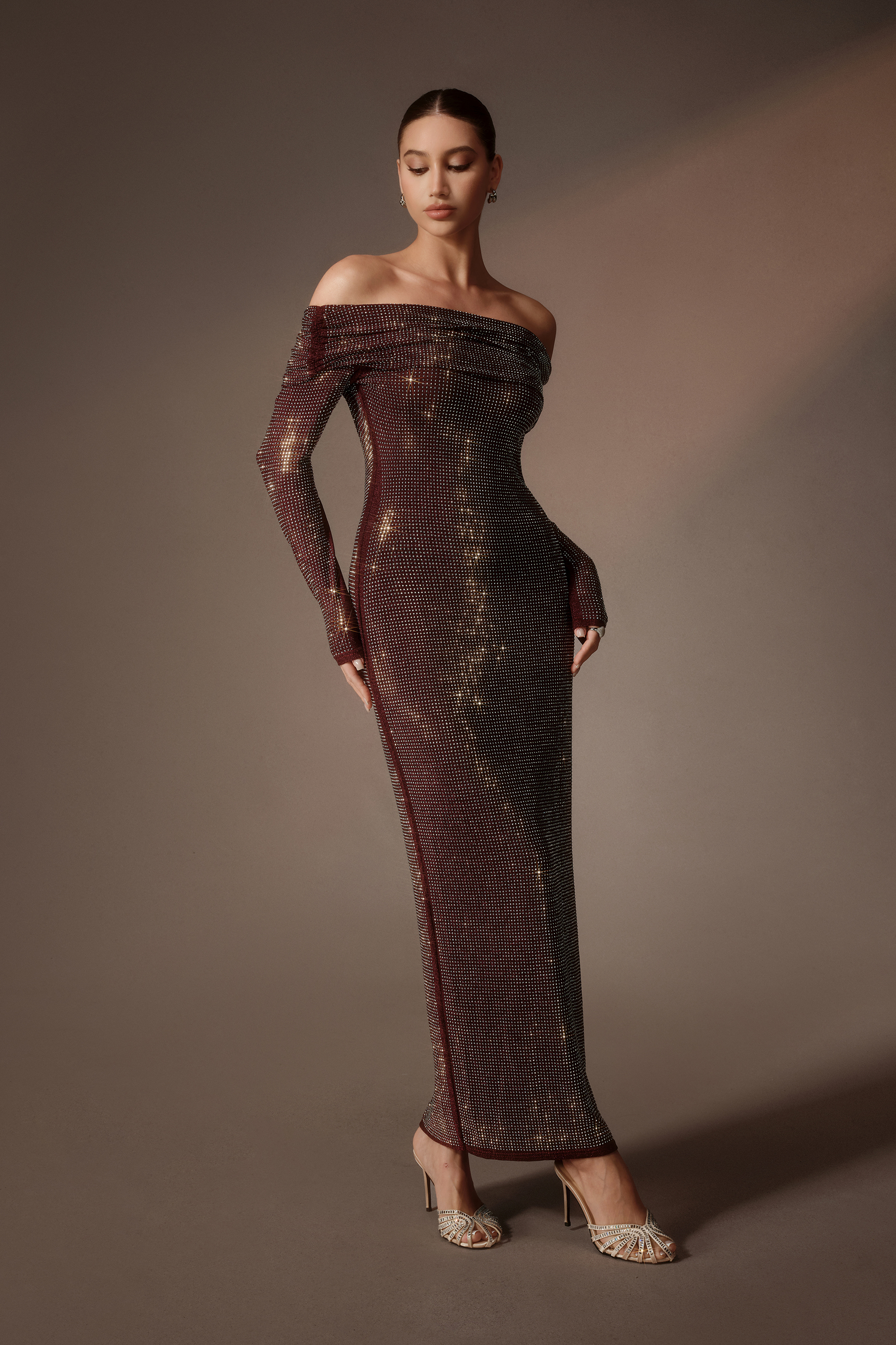 Never Forget Burgundy Rhinestone Bodycon Off Shoulder Maxi Dress