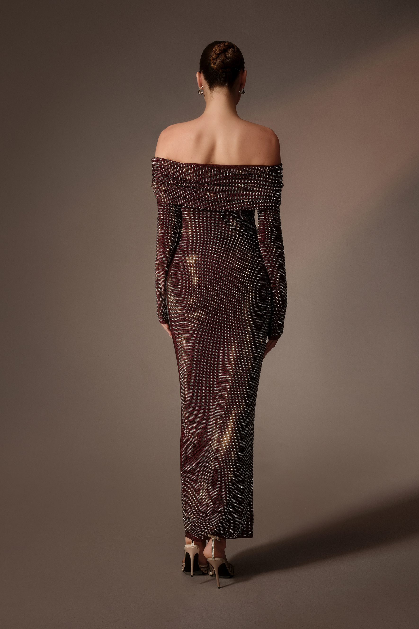 Never Forget Burgundy Rhinestone Bodycon Off Shoulder Maxi Dress
