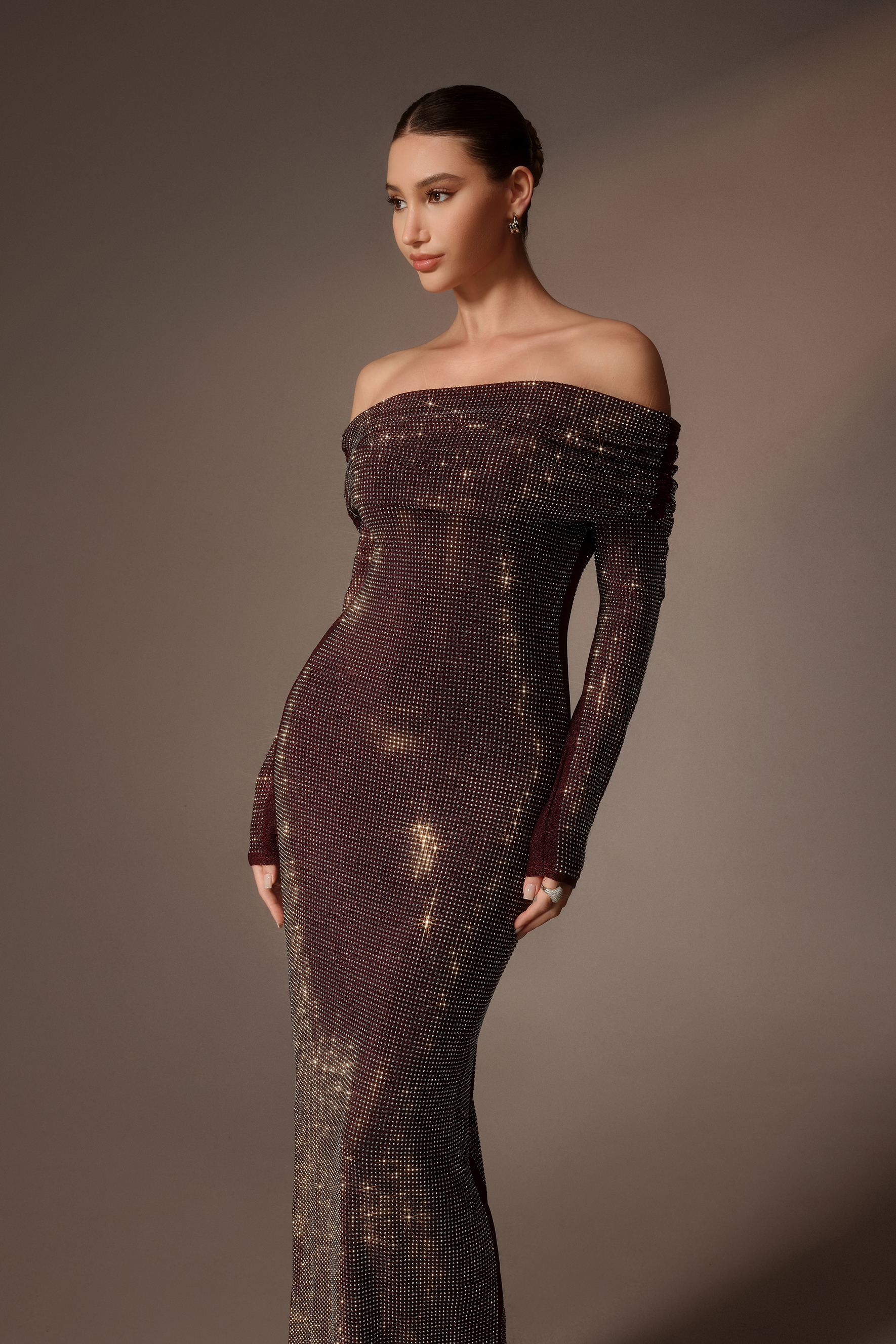 Never Forget Burgundy Rhinestone Bodycon Off Shoulder Maxi Dress