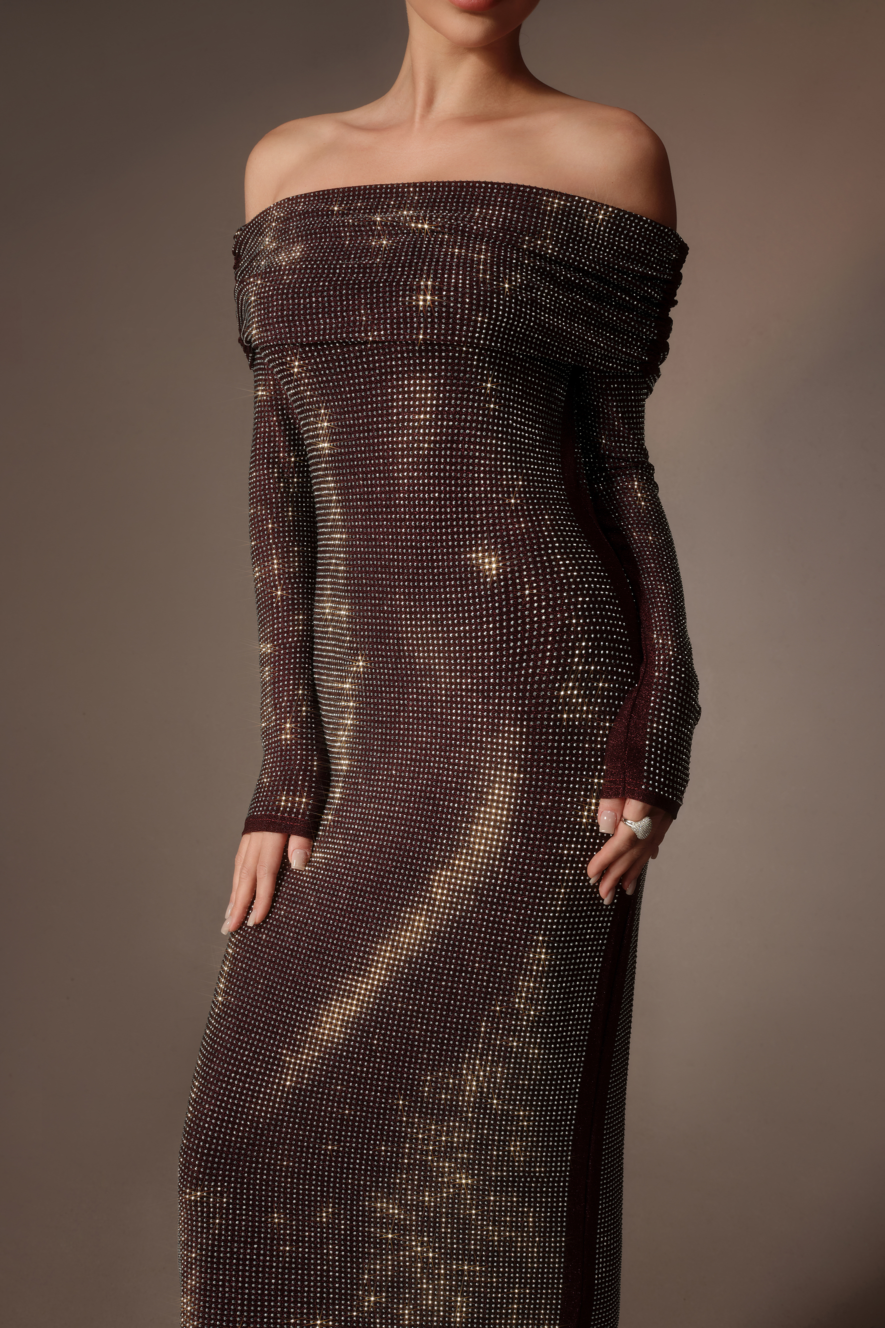 Never Forget Burgundy Rhinestone Bodycon Off Shoulder Maxi Dress