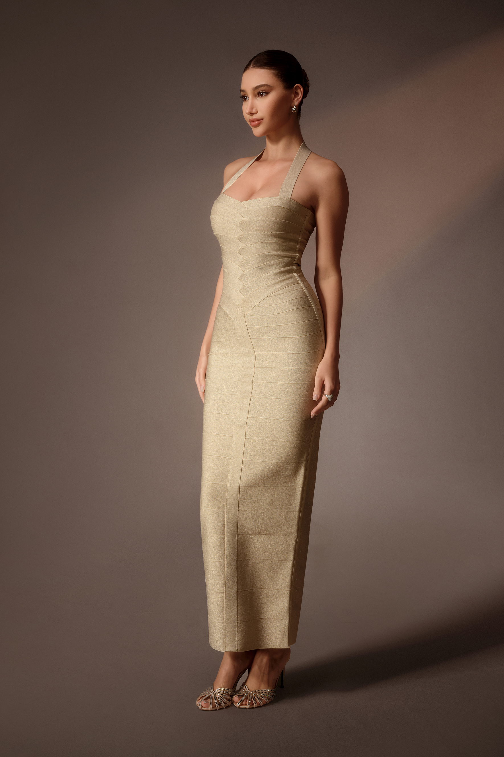 First Impression Yellow Bandage Halter Neck Maxi Dress