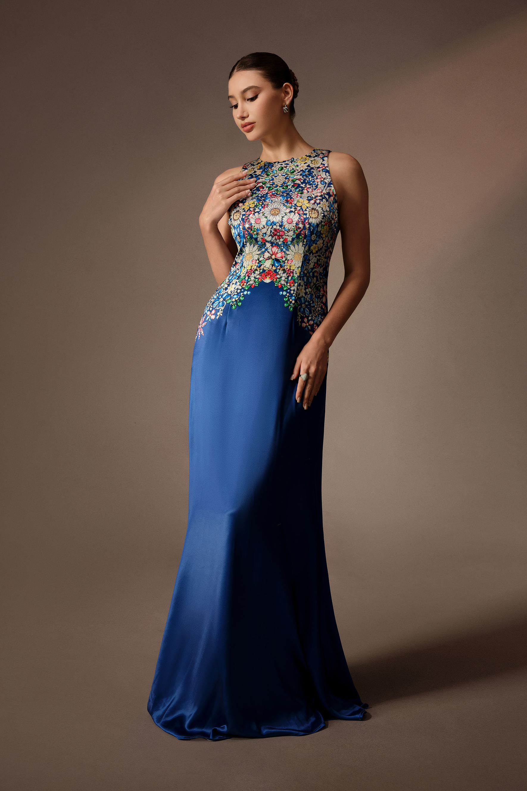 Signature Look Blue Floral Embroidery Sleeveless Maxi Dress With Cape