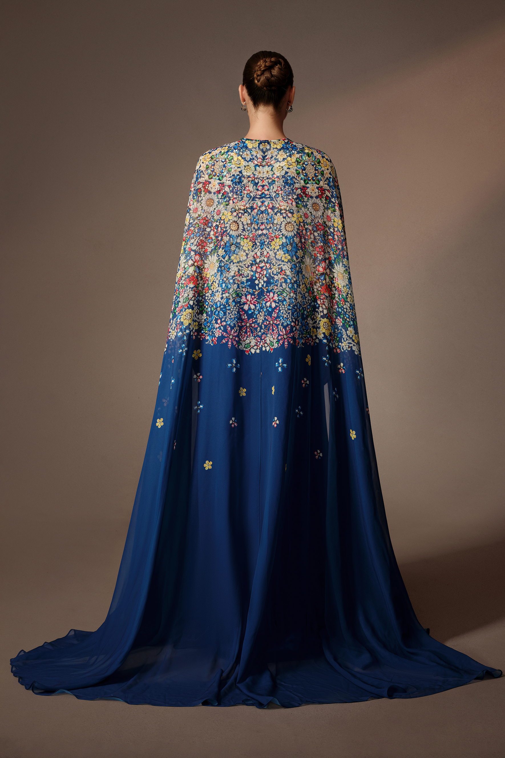 Signature Look Blue Floral Embroidery Sleeveless Maxi Dress With Cape