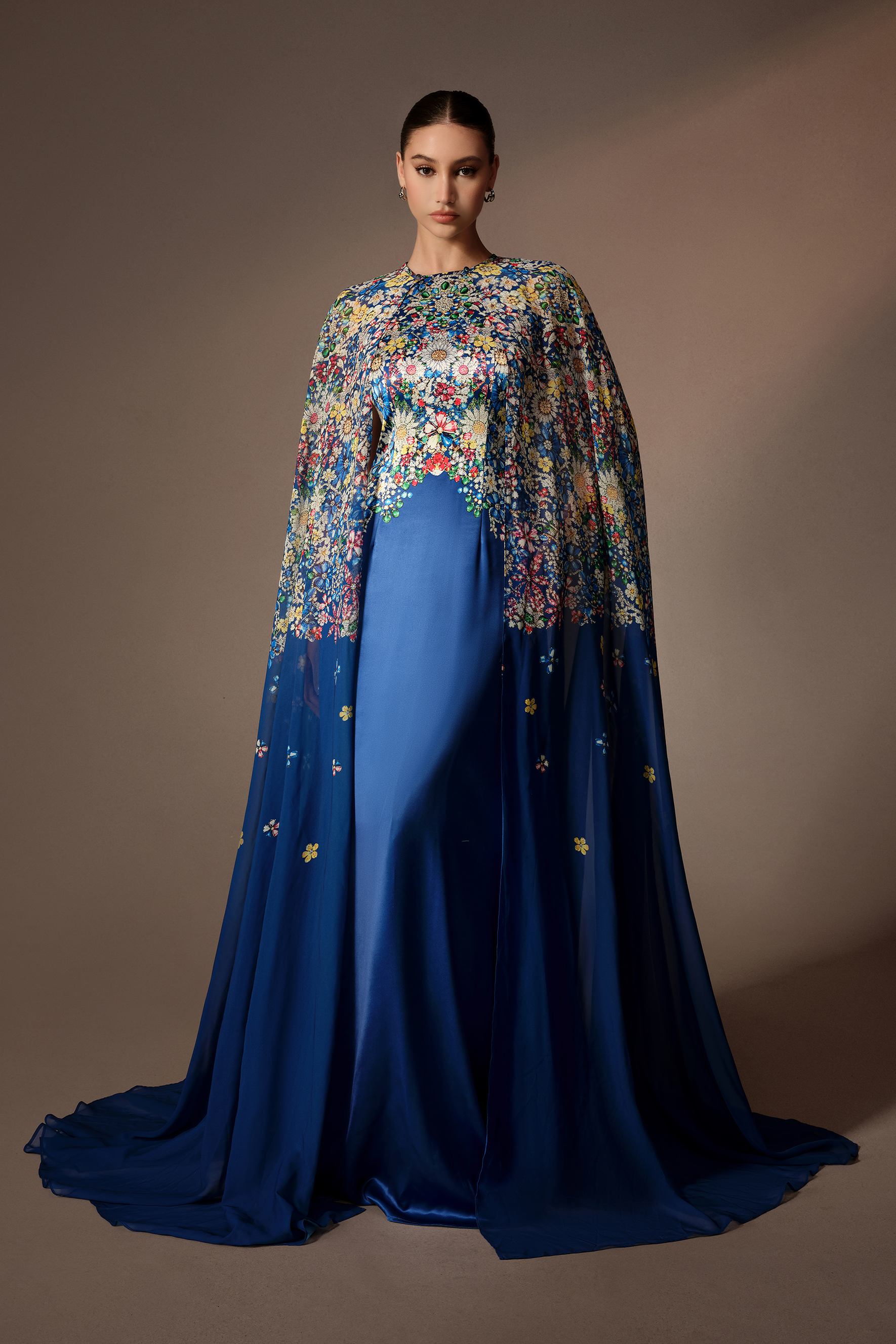 Signature Look Blue Floral Embroidery Sleeveless Maxi Dress With Cape