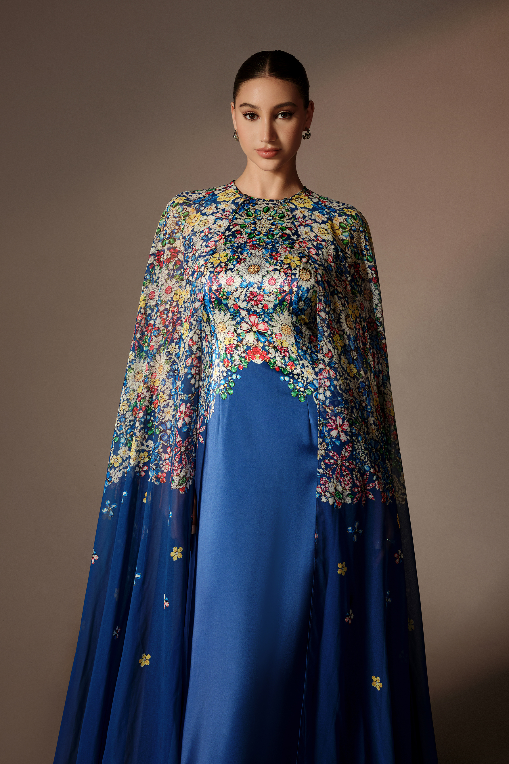 Signature Look Blue Floral Embroidery Sleeveless Maxi Dress With Cape