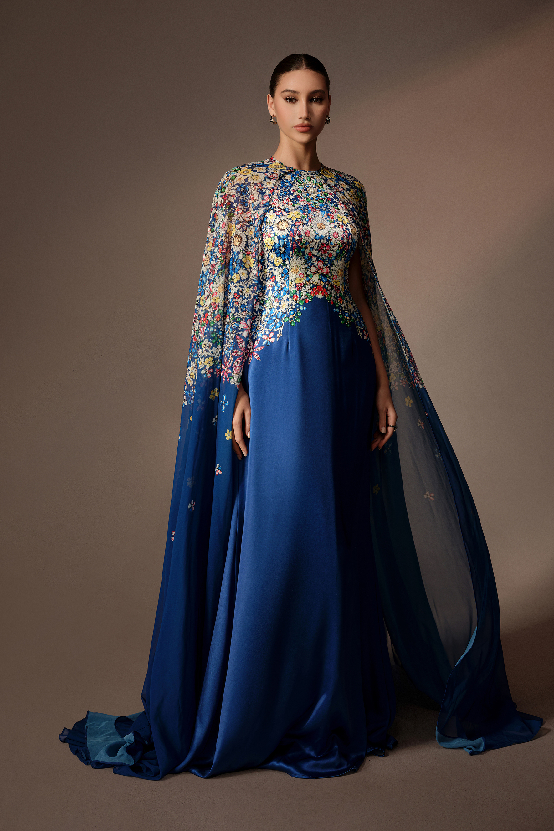 Signature Look Blue Floral Embroidery Sleeveless Maxi Dress With Cape