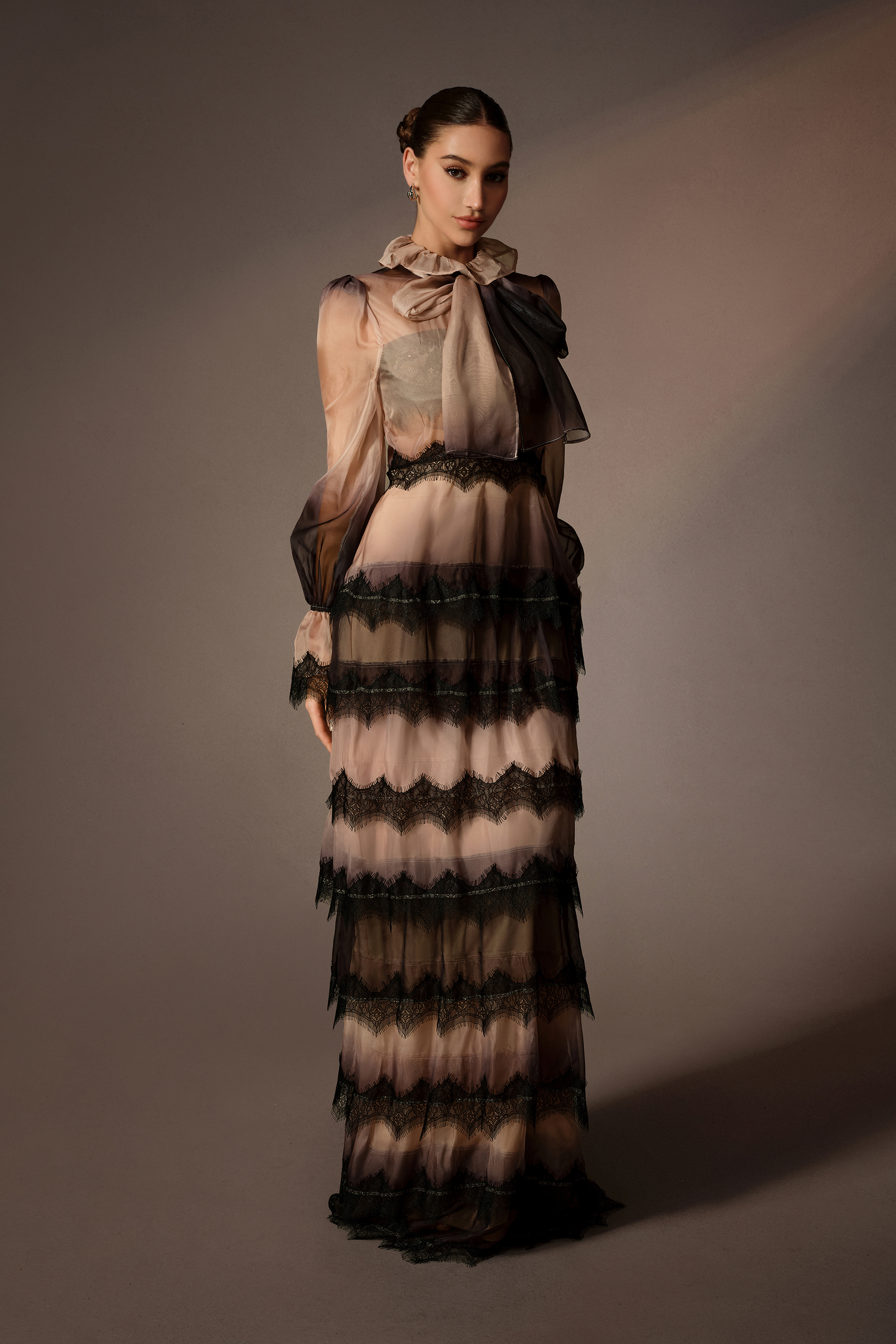 Rustic Romance Khaki Gradient Tiered Lace Trim Maxi Dress