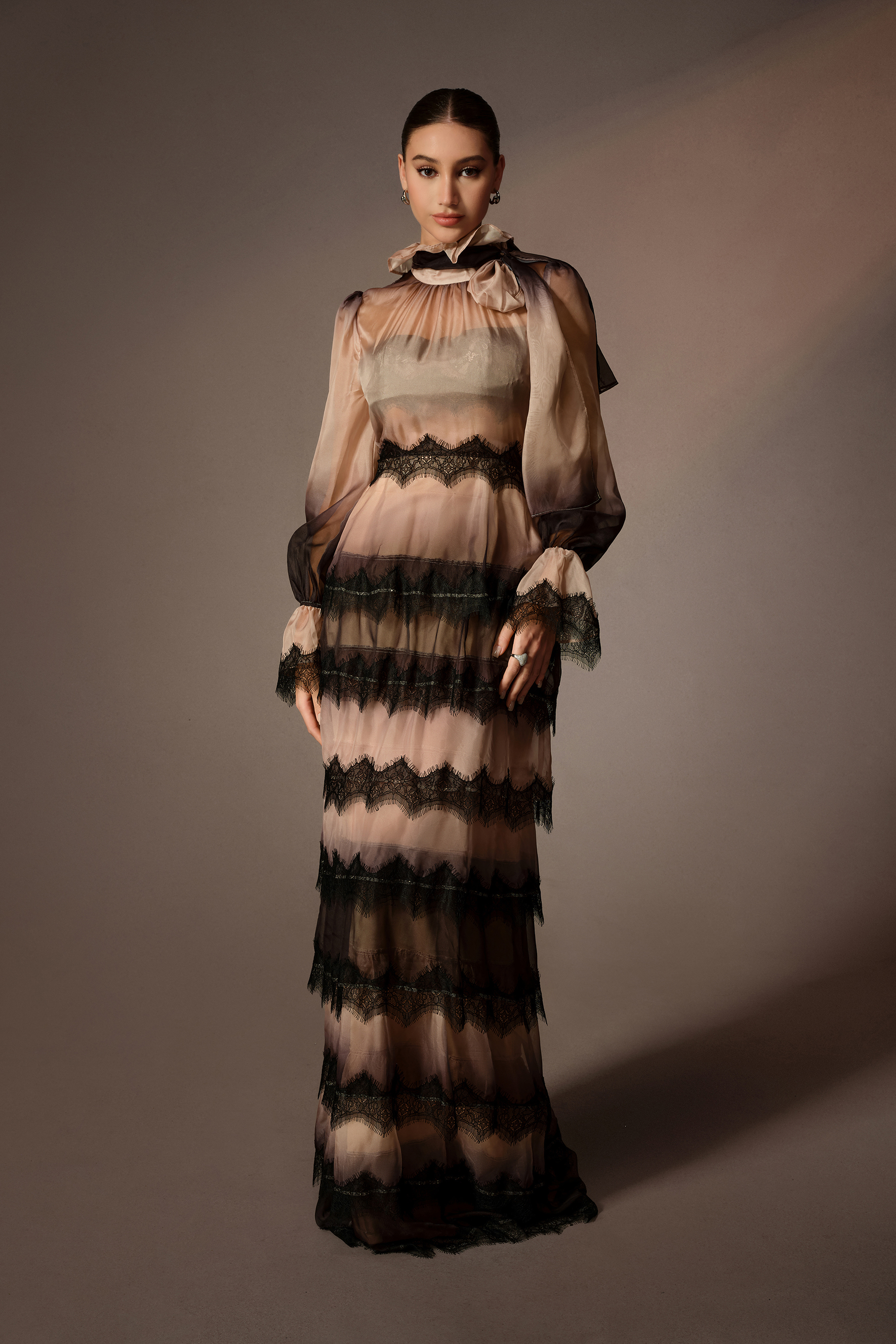 Rustic Romance Khaki Gradient Tiered Lace Trim Maxi Dress