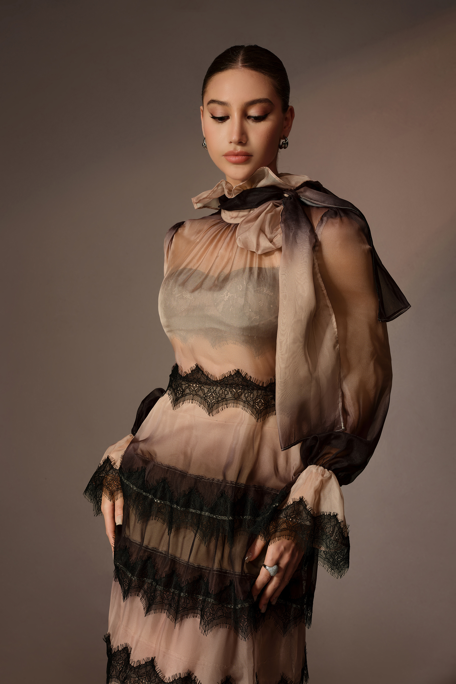 Rustic Romance Khaki Gradient Tiered Lace Trim Maxi Dress