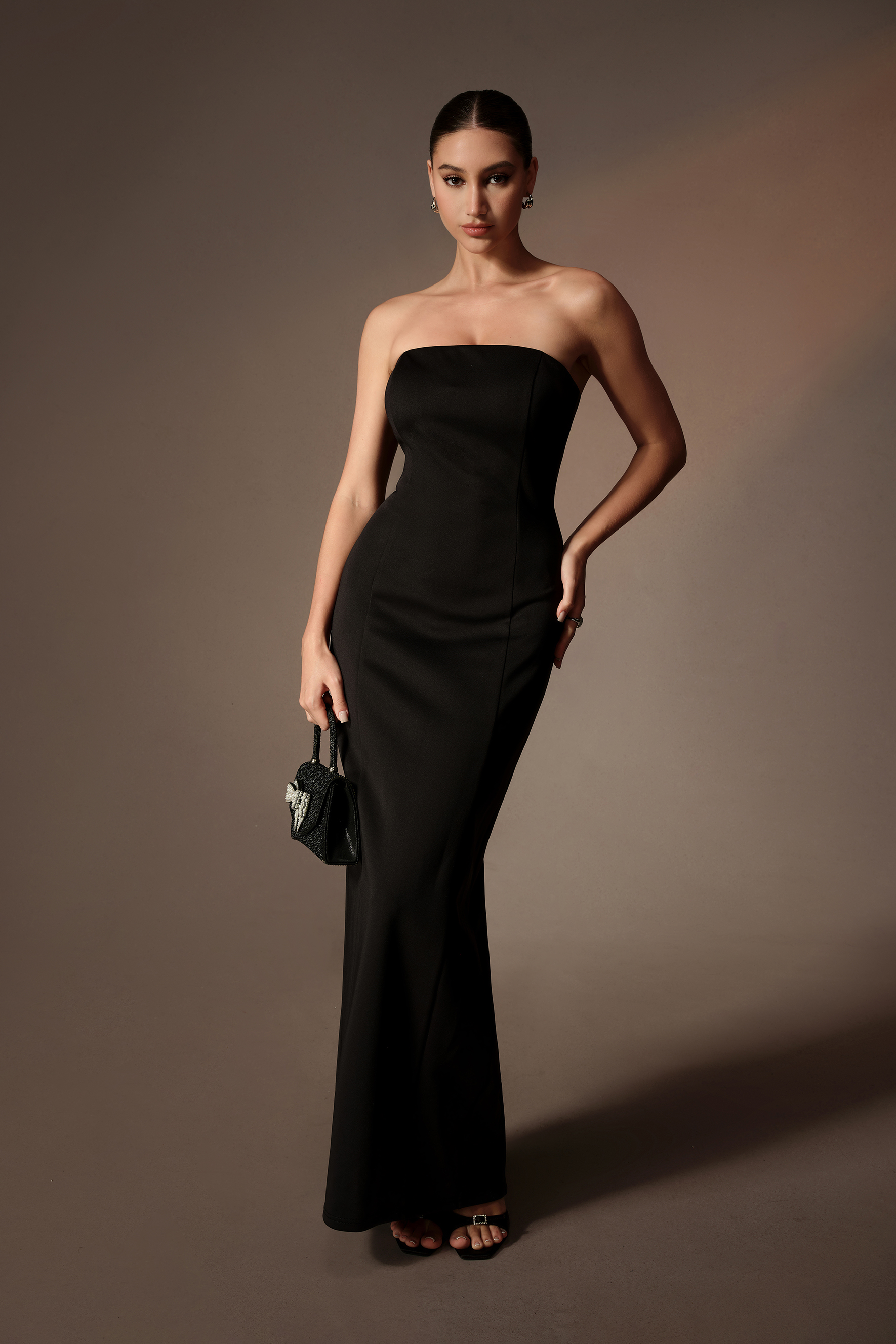 Unforgettable Black Strapless Maxi Dress With Gradient Cape