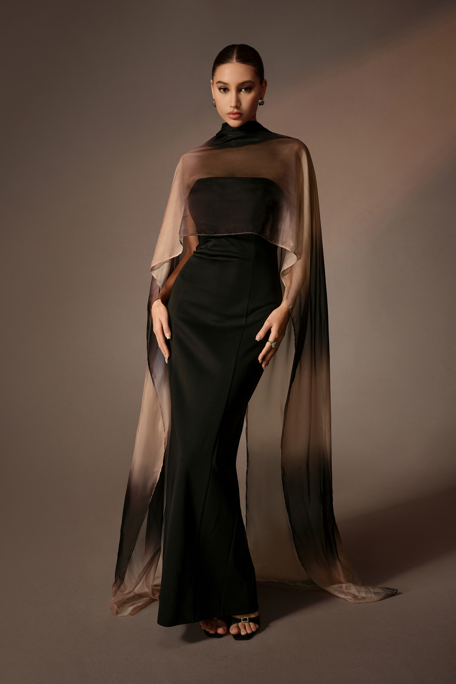 Unforgettable Black Strapless Maxi Dress With Gradient Cape