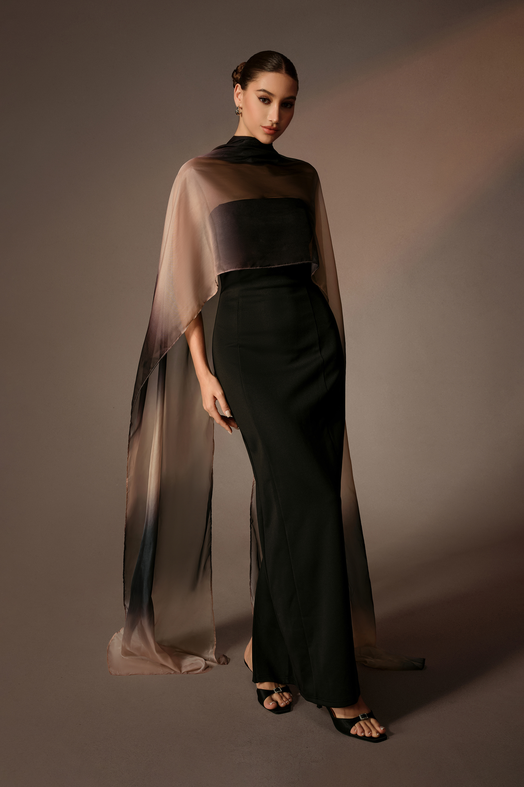 Unforgettable Black Strapless Maxi Dress With Gradient Cape