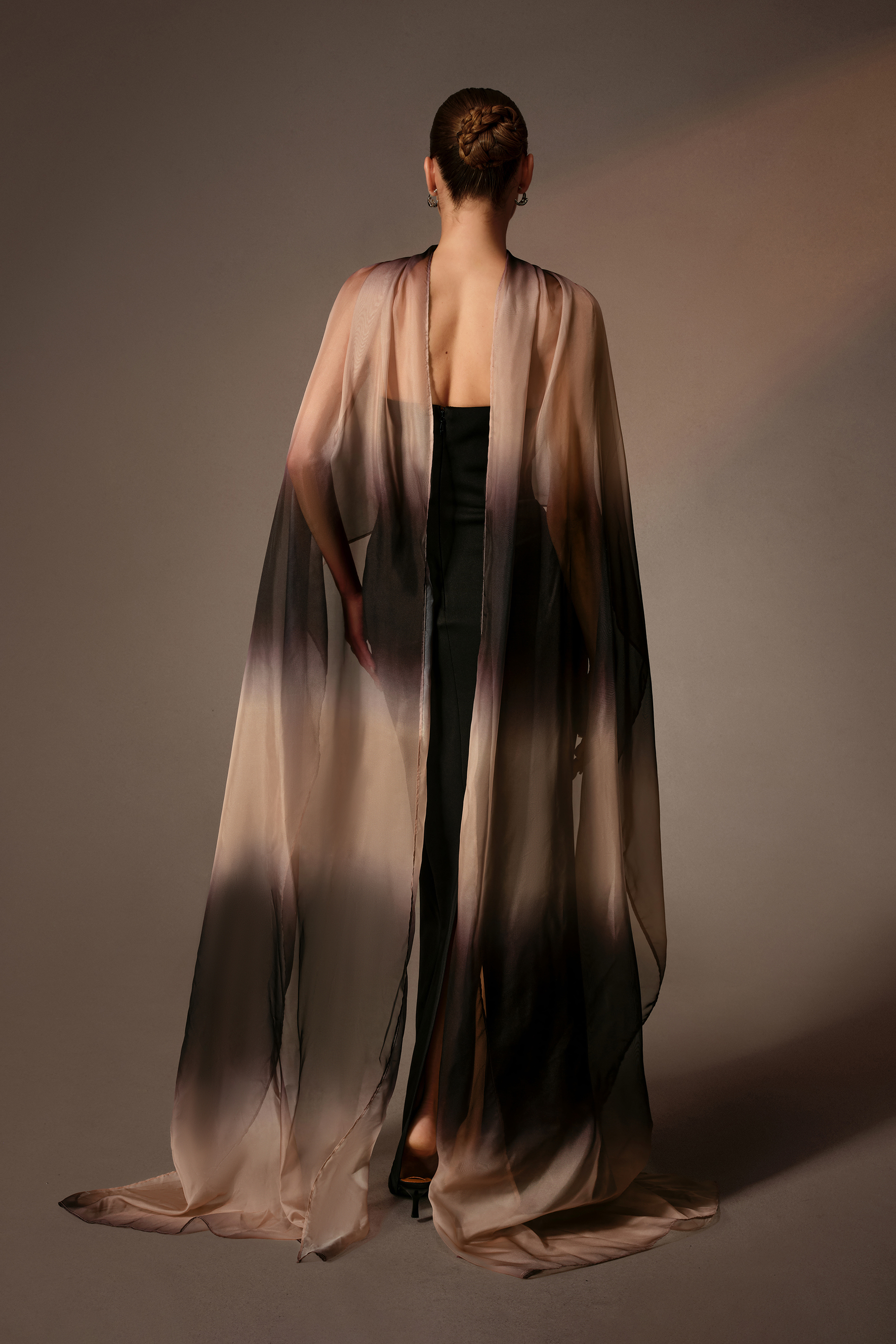 Unforgettable Black Strapless Maxi Dress With Gradient Cape