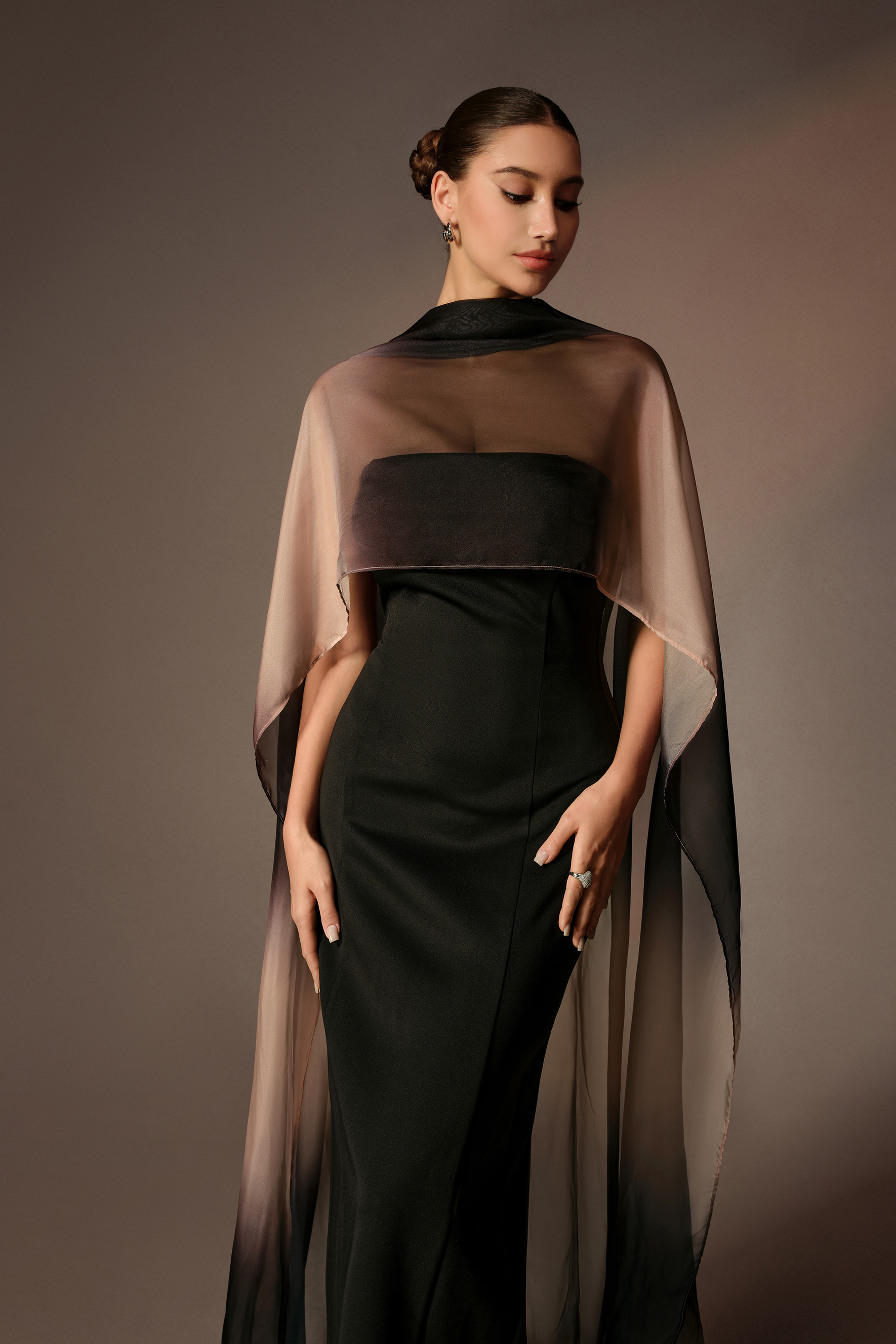 Unforgettable Black Strapless Maxi Dress With Gradient Cape