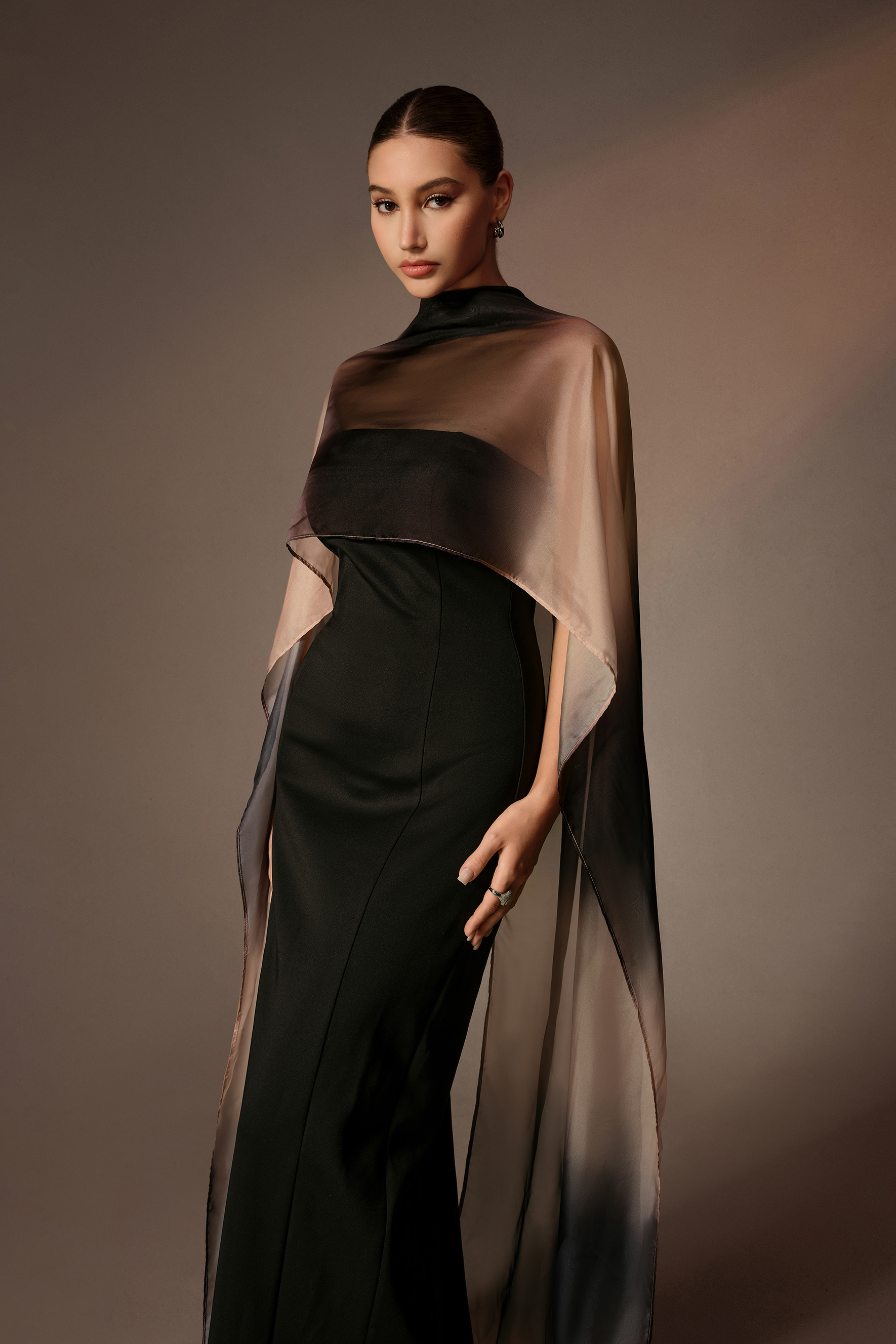 Unforgettable Black Strapless Maxi Dress With Gradient Cape