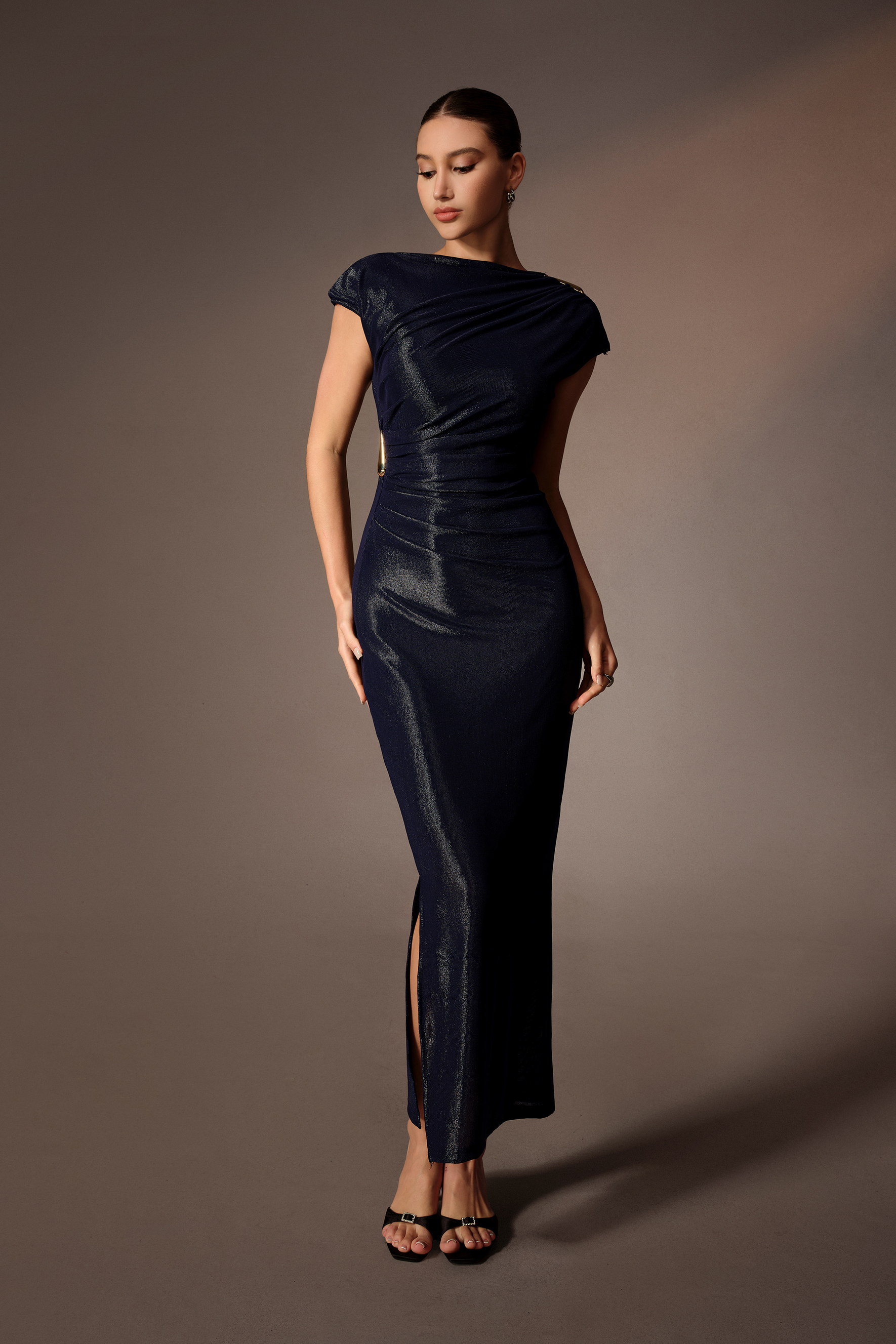 Stay Distinct Blue Asymmetric Neck Cap Sleeve Maxi Dress