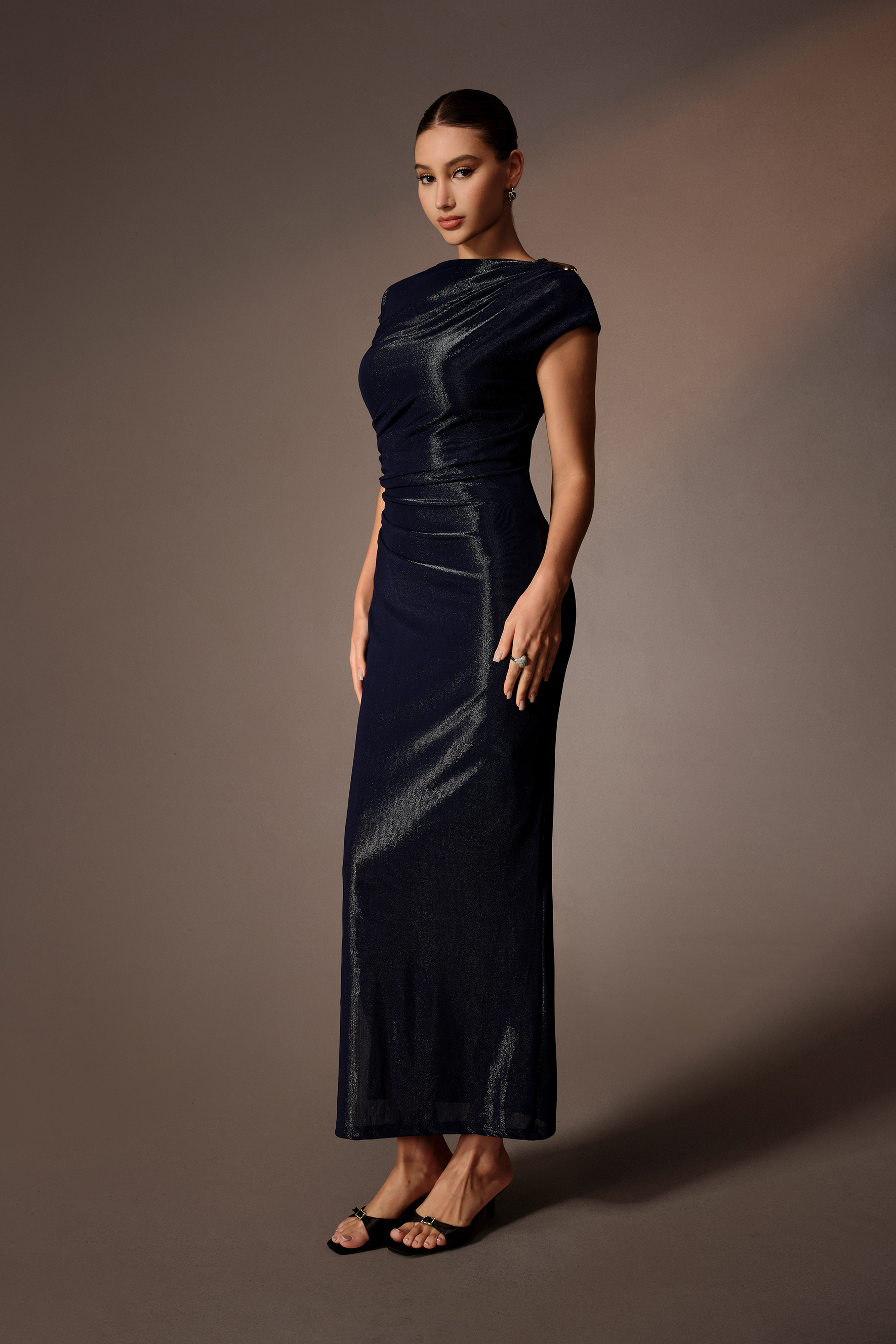 Stay Distinct Blue Asymmetric Neck Cap Sleeve Maxi Dress