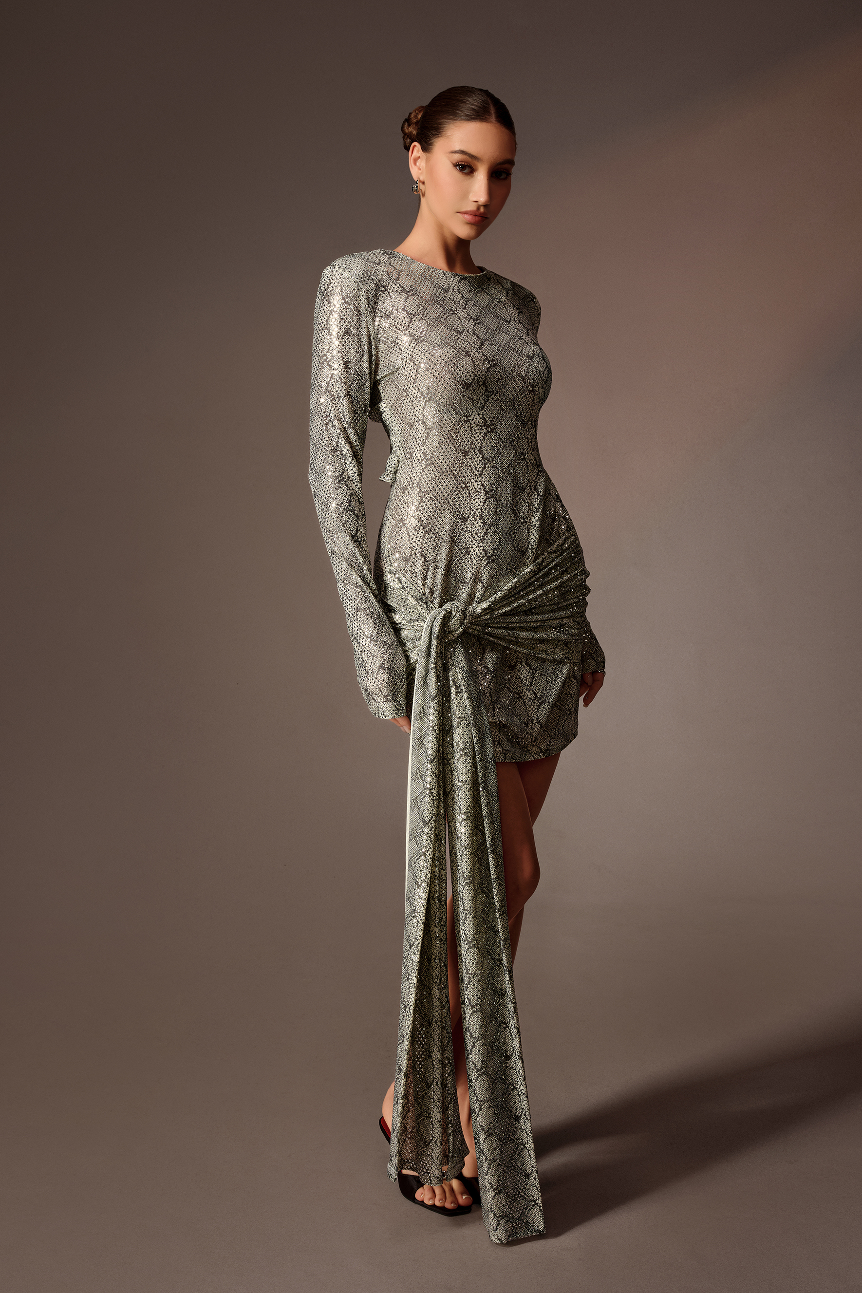 Dangerous Mood Silver Snake Print Long Sleeve Knotted Mini Dress