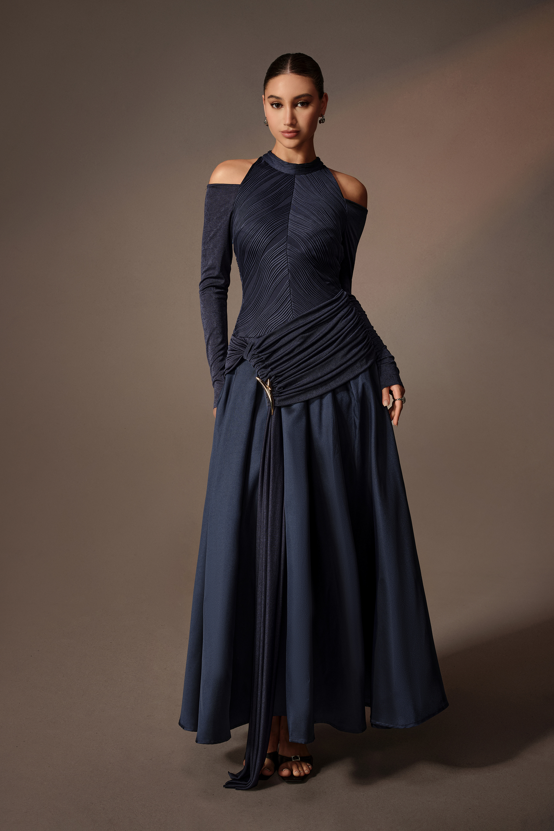 Built Different Blue Pleated Texture Cold Shoulder Maxi Dress