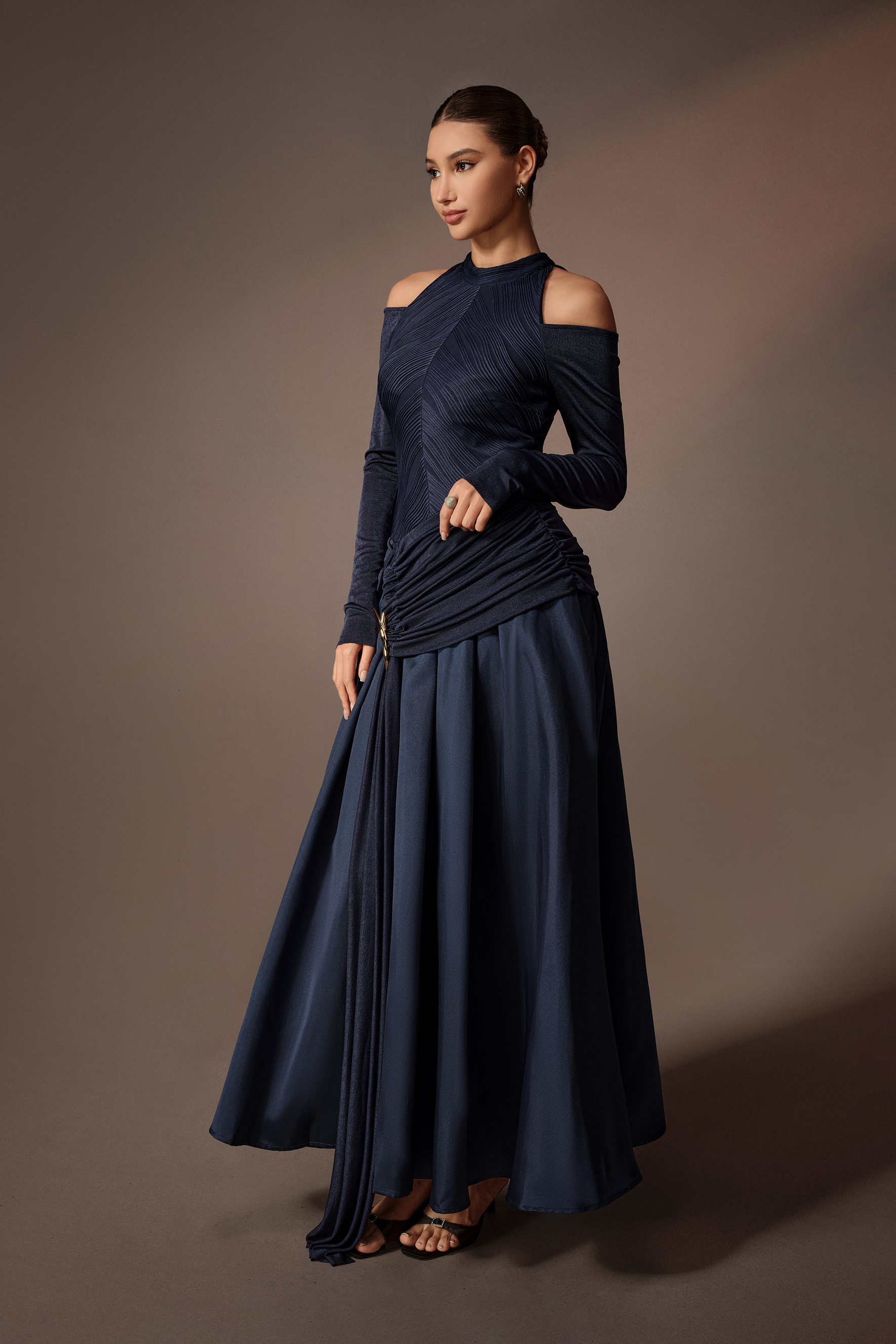 Built Different Blue Pleated Texture Cold Shoulder Maxi Dress