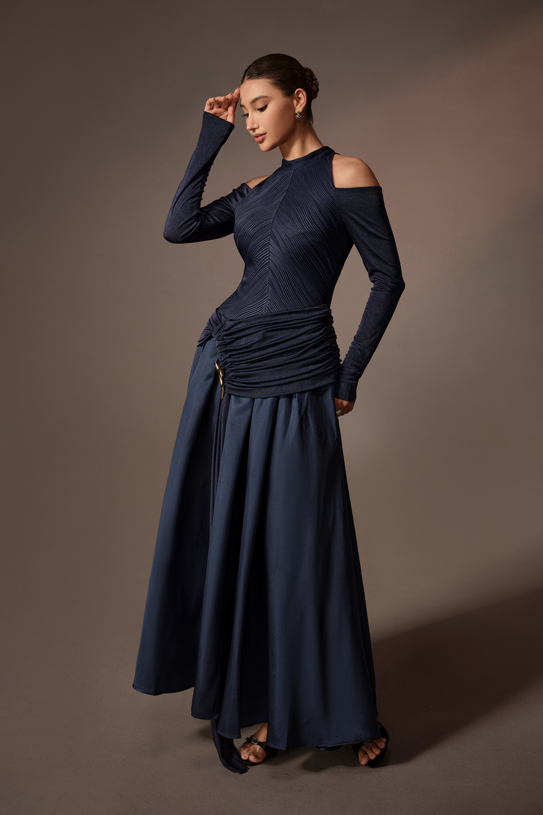 Built Different Blue Pleated Texture Cold Shoulder Maxi Dress