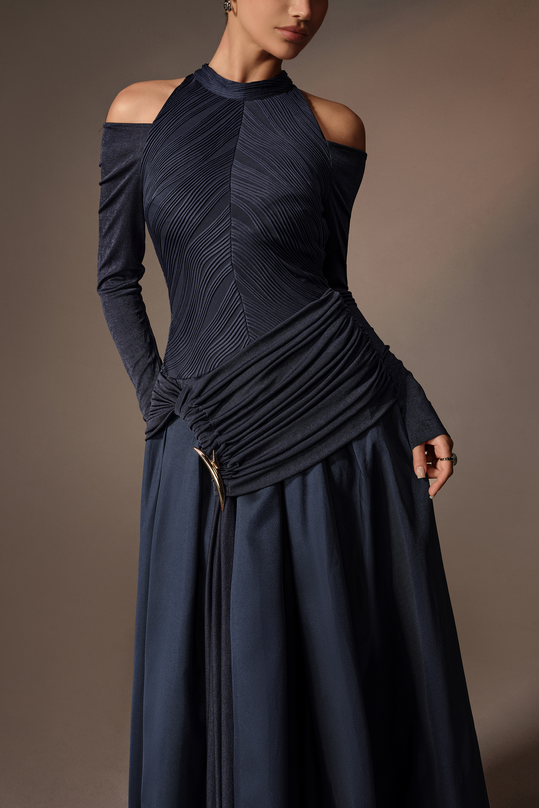 Built Different Blue Pleated Texture Cold Shoulder Maxi Dress