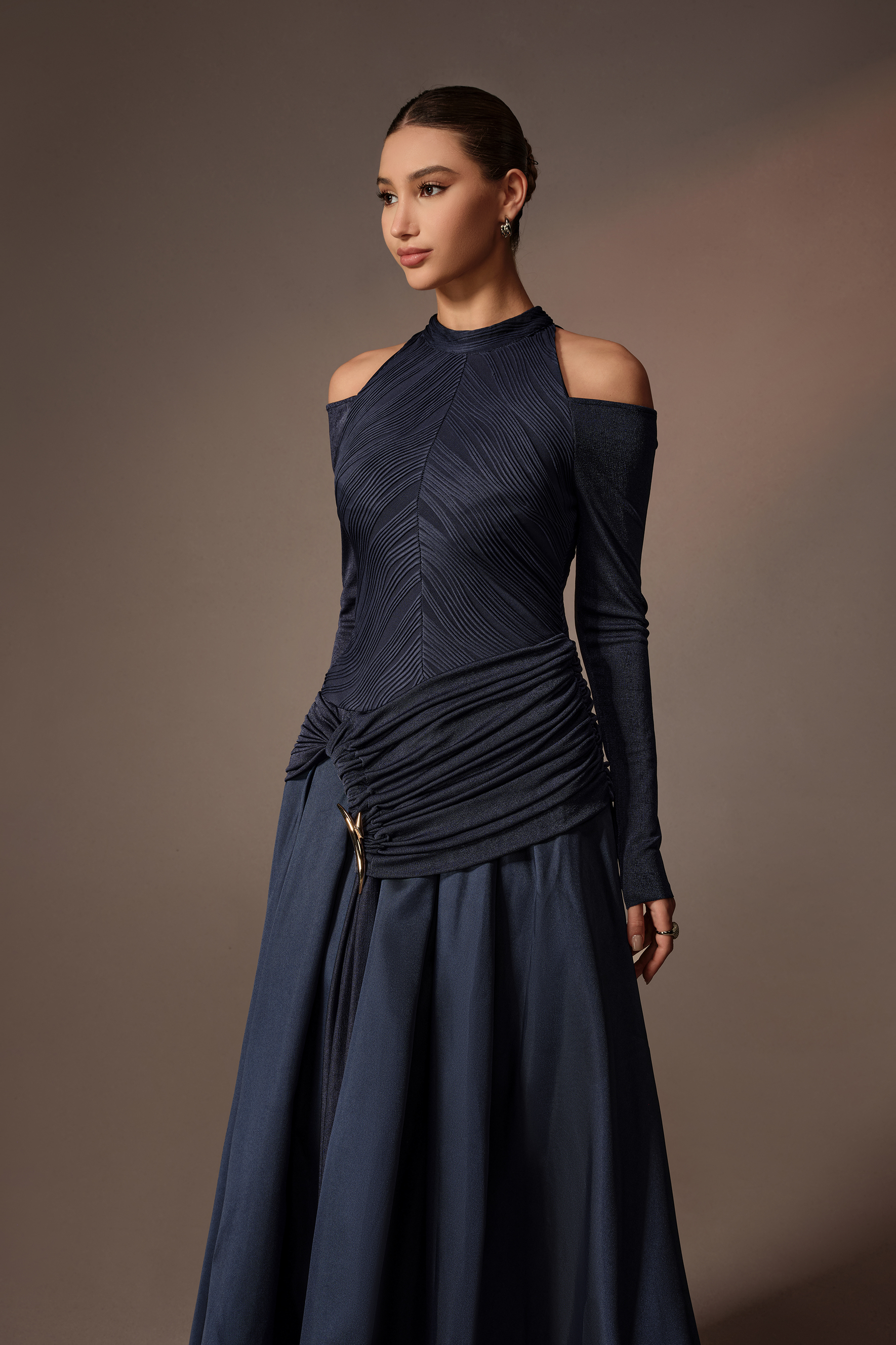 Built Different Blue Pleated Texture Cold Shoulder Maxi Dress