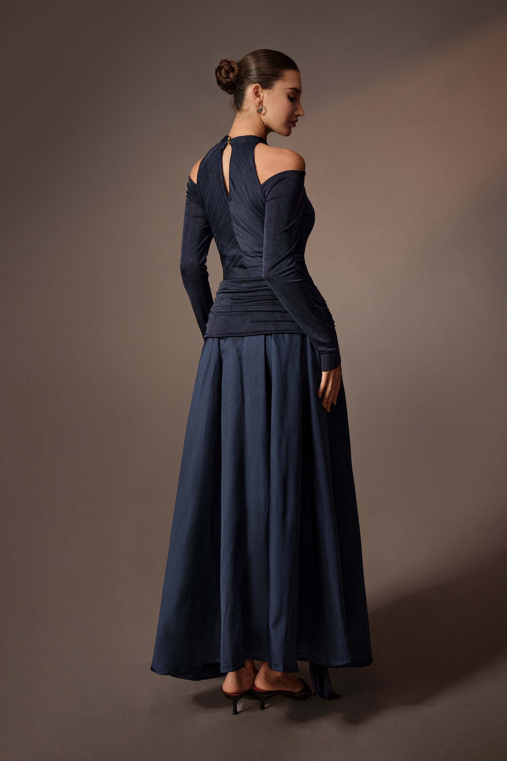 Built Different Blue Pleated Texture Cold Shoulder Maxi Dress