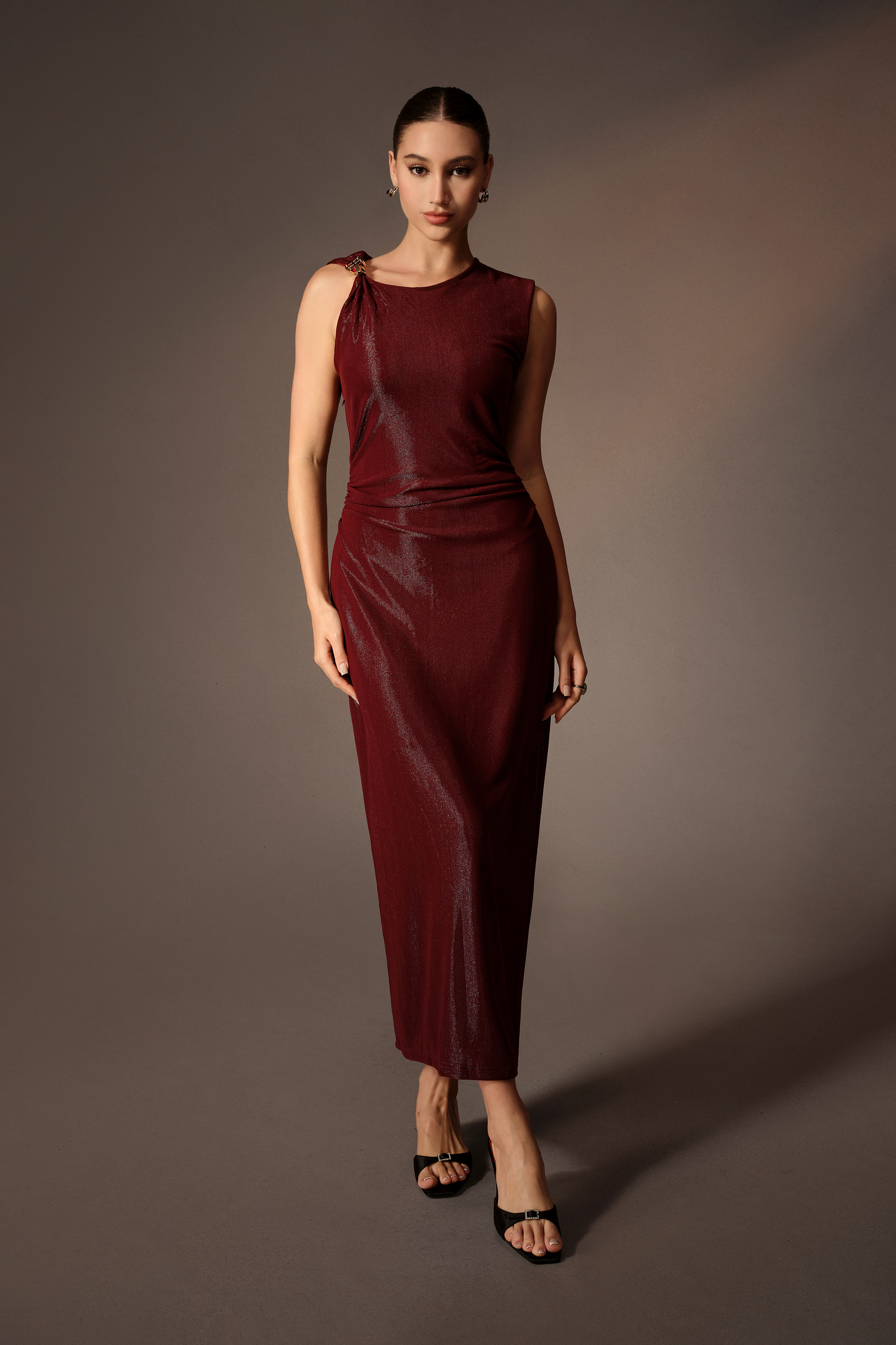 How I Feel Burgundy Round Neck Sleeveless Ruched Maxi Dress