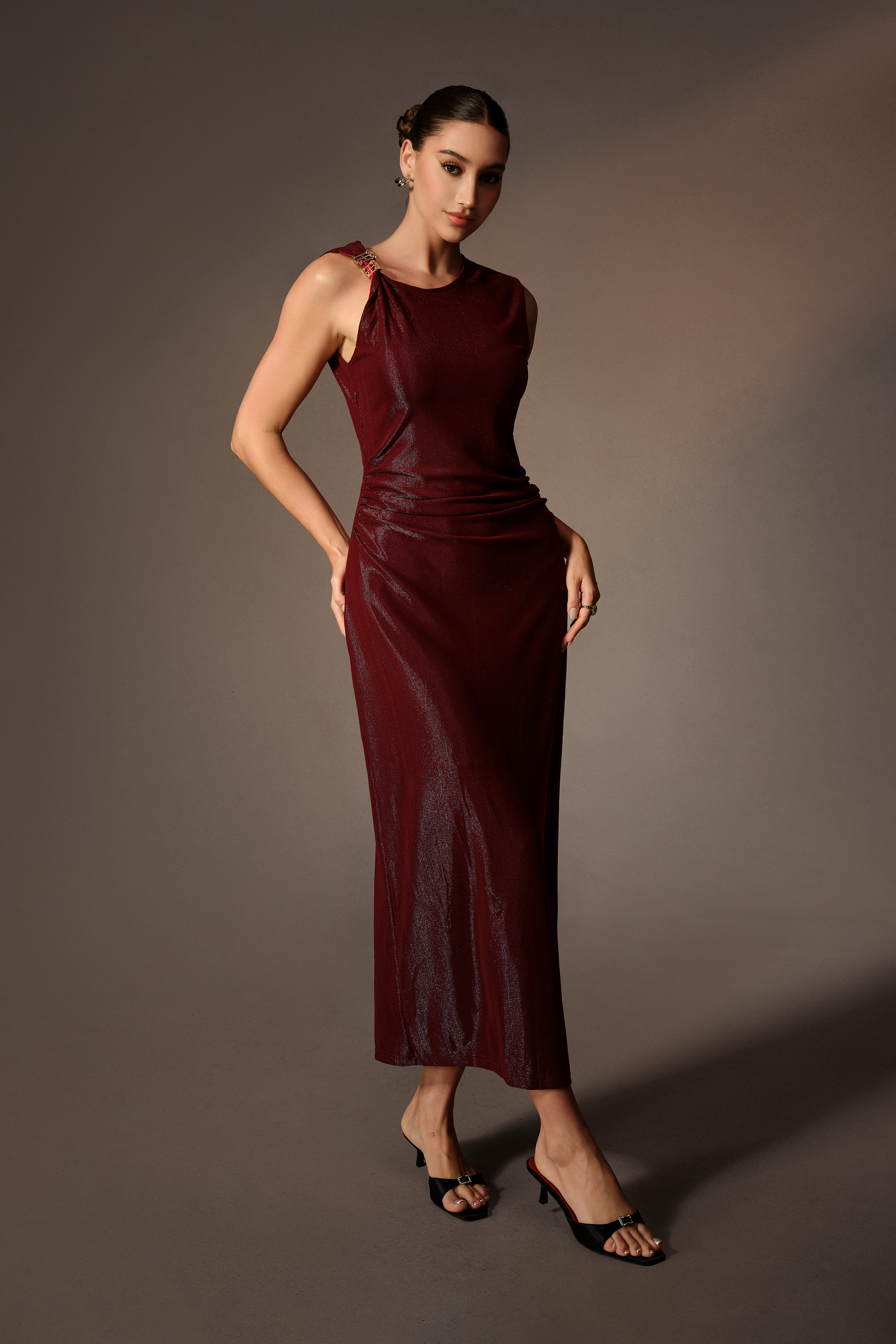 How I Feel Burgundy Round Neck Sleeveless Ruched Maxi Dress