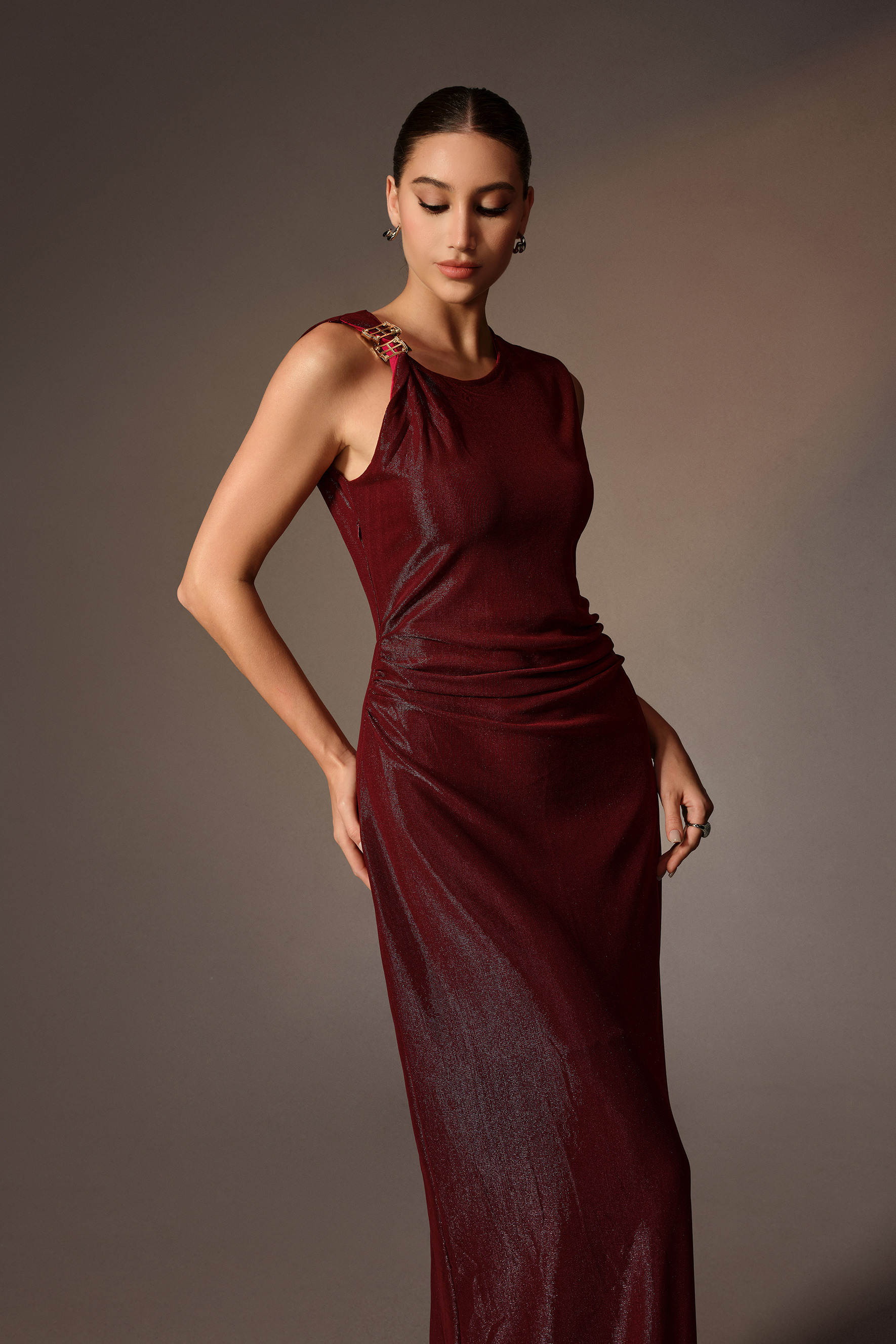 How I Feel Burgundy Round Neck Sleeveless Ruched Maxi Dress