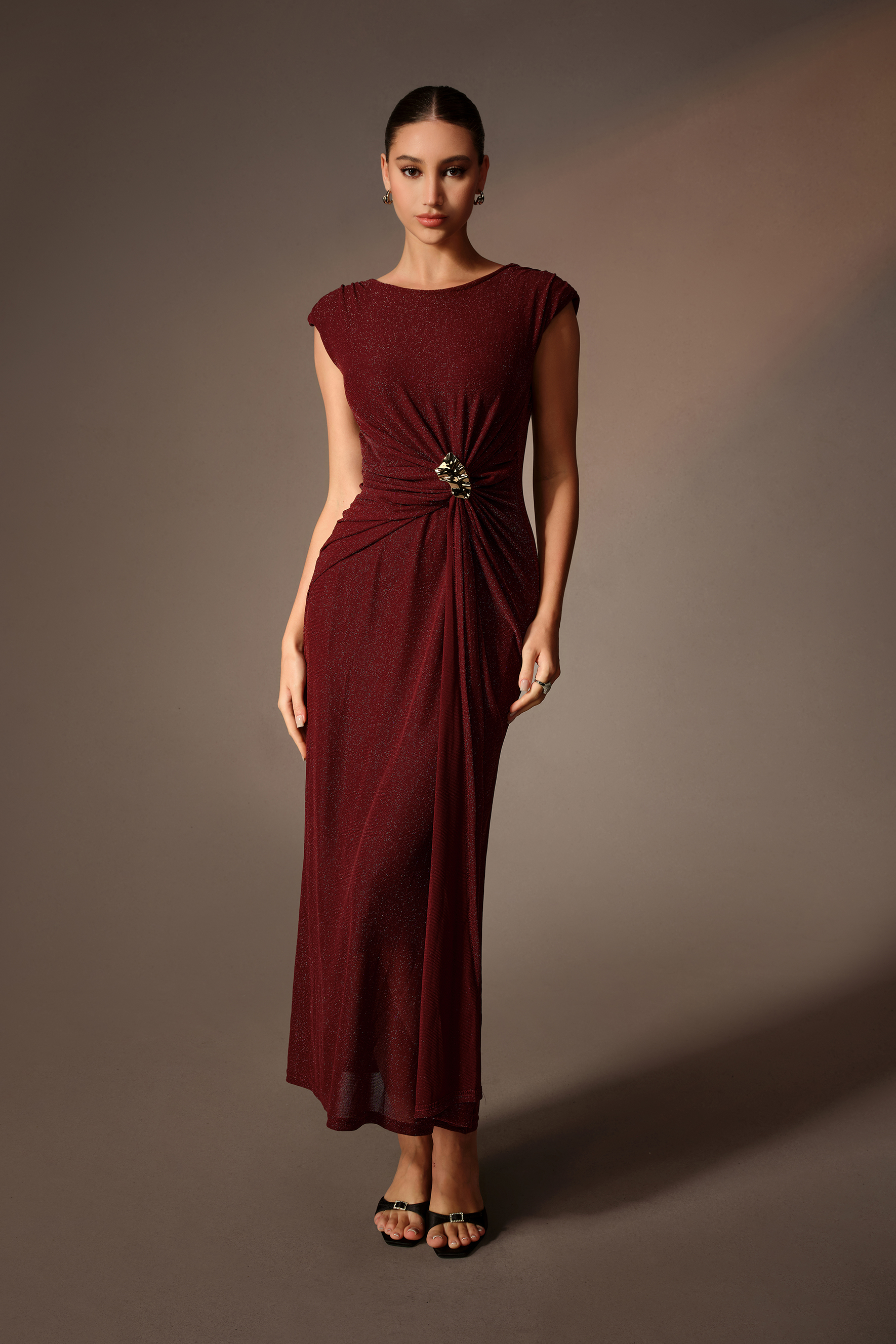 Classic Allure Burgundy Cap Sleeve Metal Brooch Maxi Dress