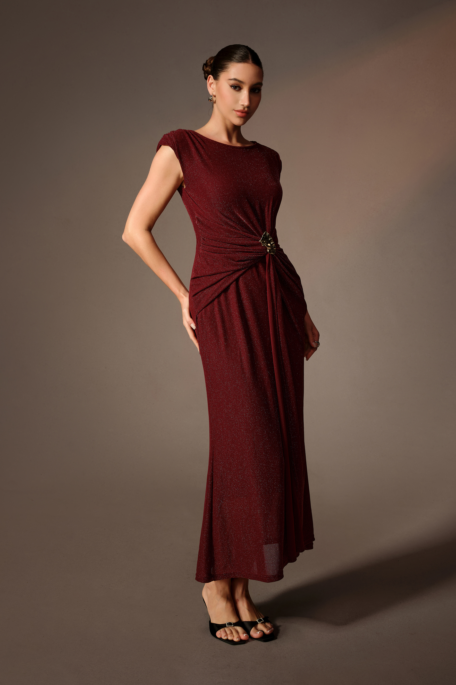 Classic Allure Burgundy Cap Sleeve Metal Brooch Maxi Dress