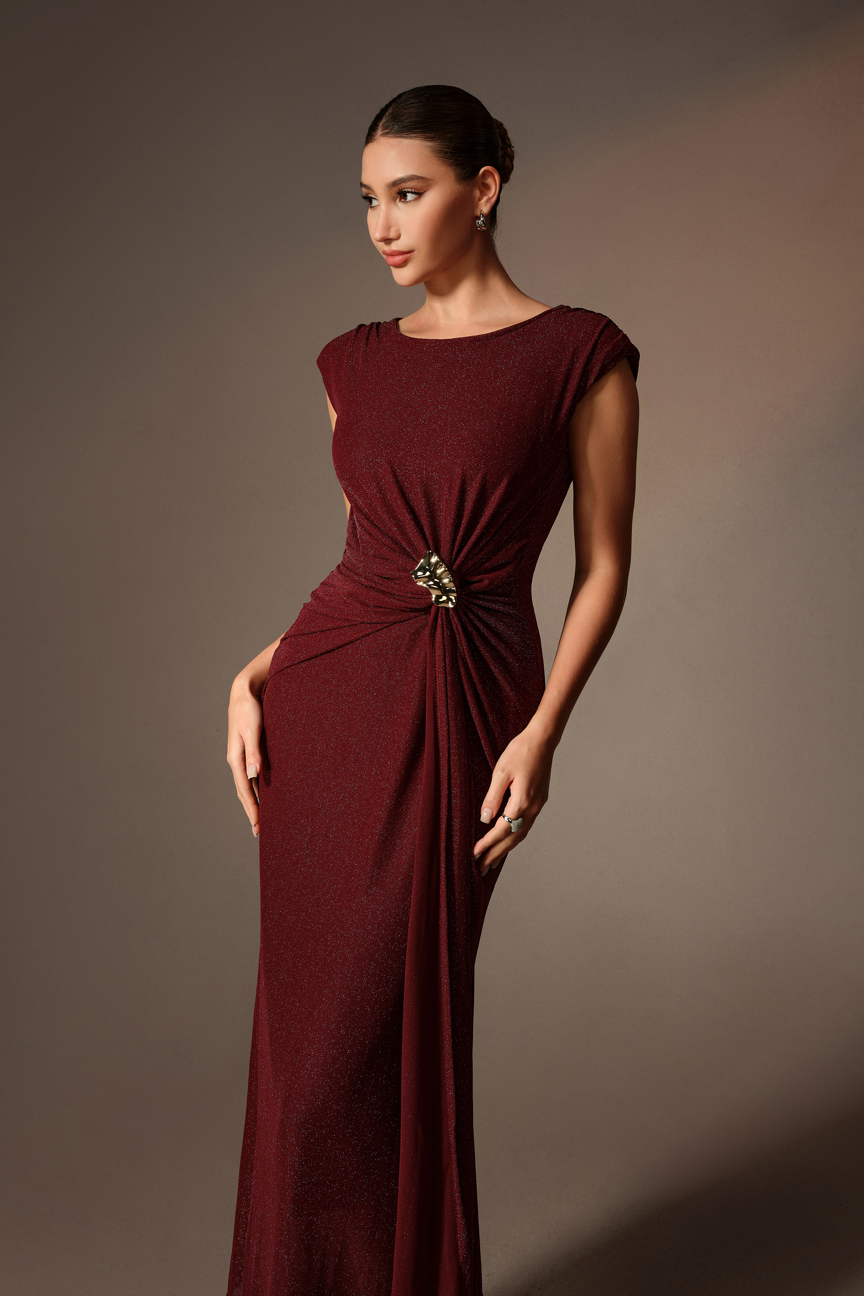Classic Allure Burgundy Cap Sleeve Metal Brooch Maxi Dress