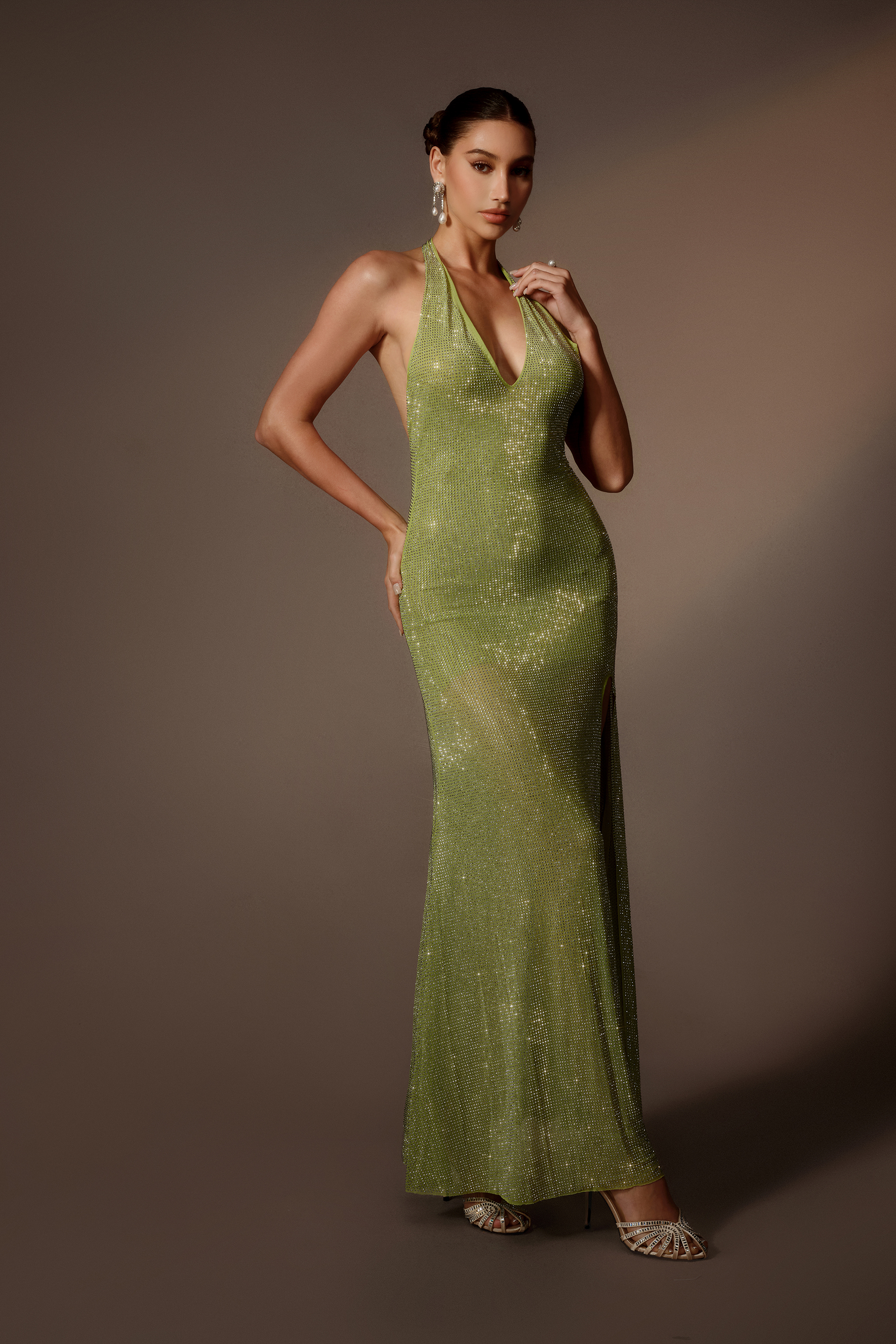 Glamour Affair Green Rhinestone Halter Neck Side Slit Maxi Dress