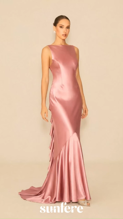 Moonlit Night Pink Backless Ruffle Trim Satin Maxi Dress